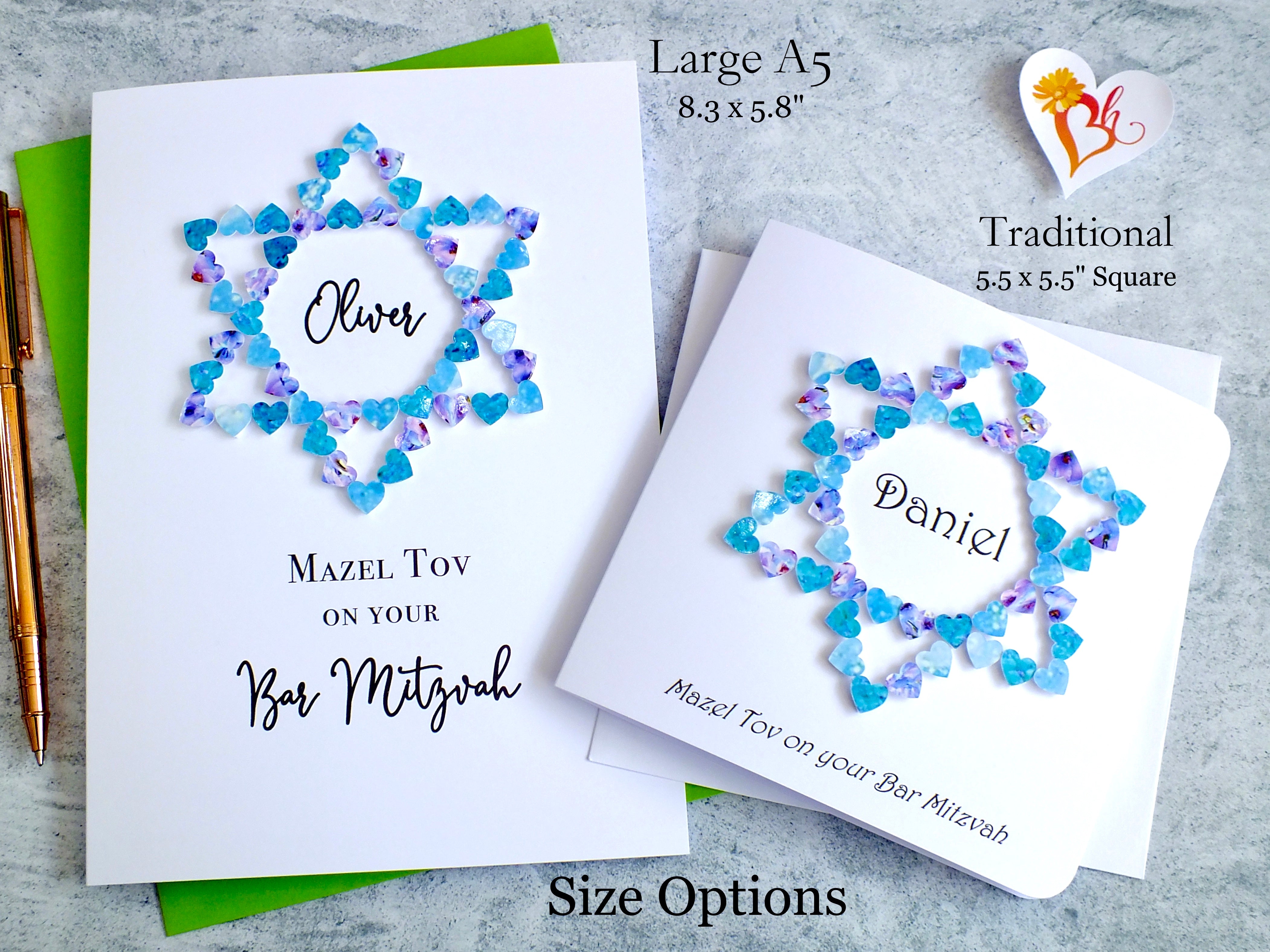 Bar Mitzvah Card - Blue Hearts, Personalised