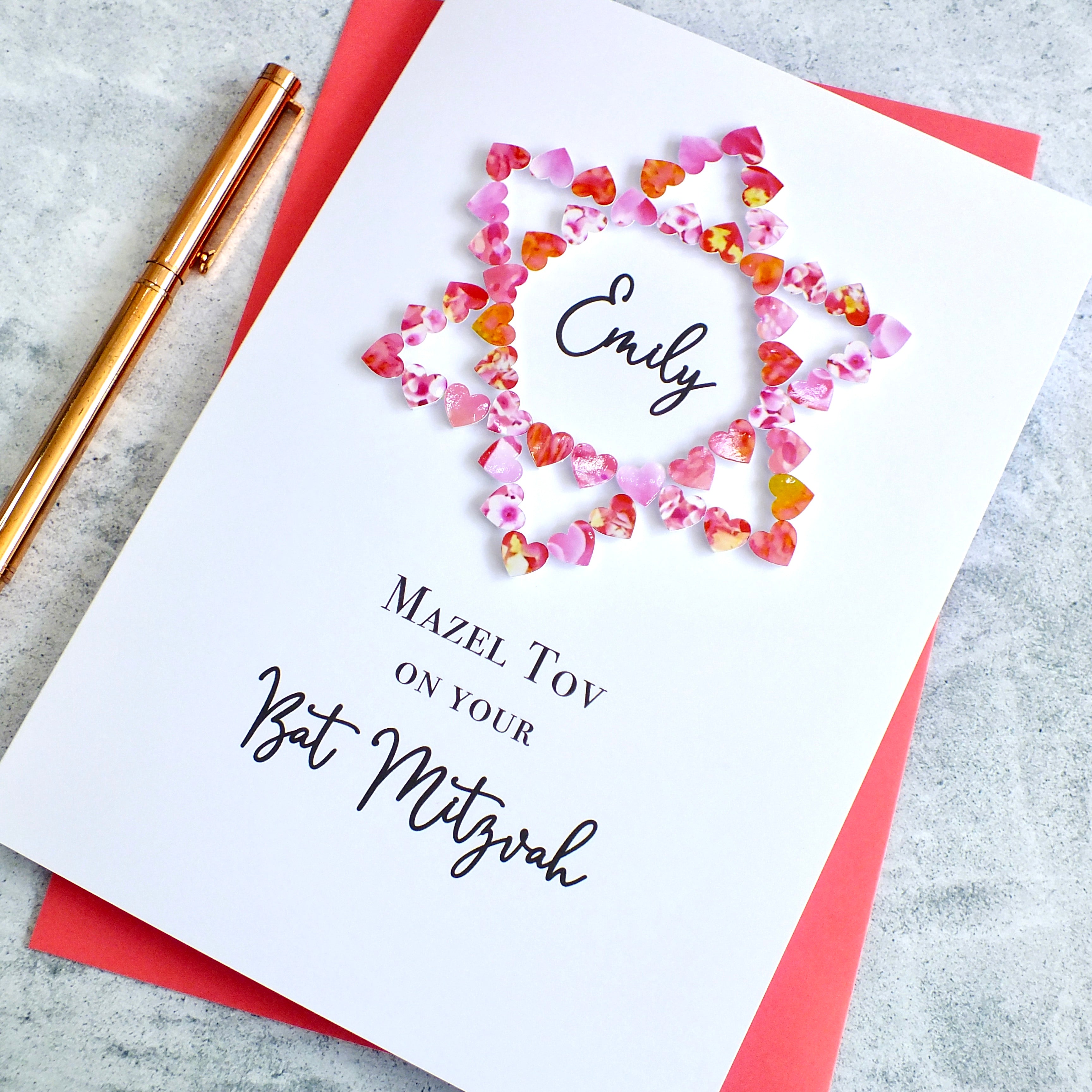 Handmade Bat Mitzvah Card - Hearts, Personalised