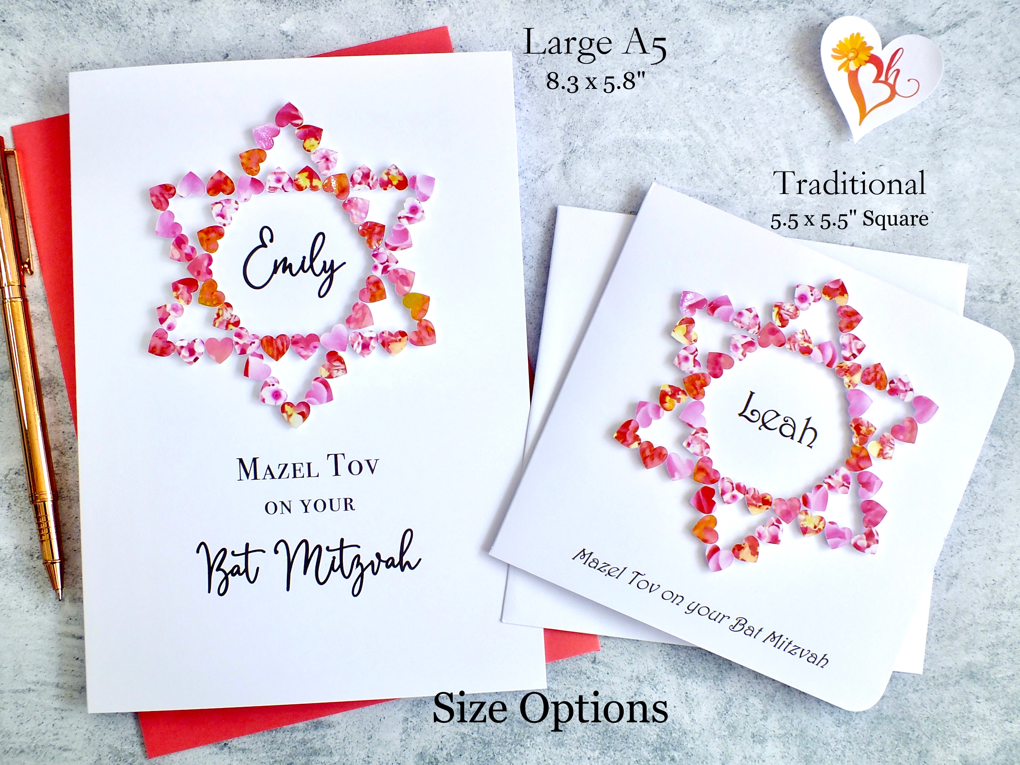 Handmade Bat Mitzvah Card - Hearts, Personalised