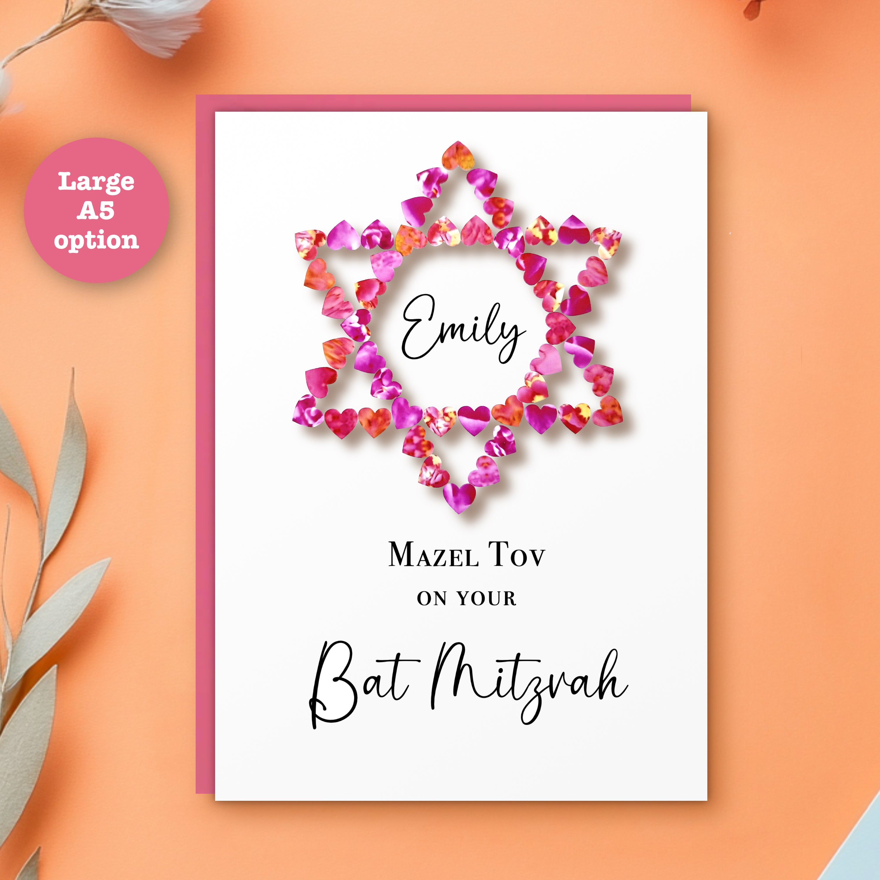Personalised Bat Mitzvah Card, A5 Size, with a star of david made up from small pink hearts and the text 'Mazel Tov on your Bat Mitzvah' printed on the front, with a pink envelope on a pale orange background