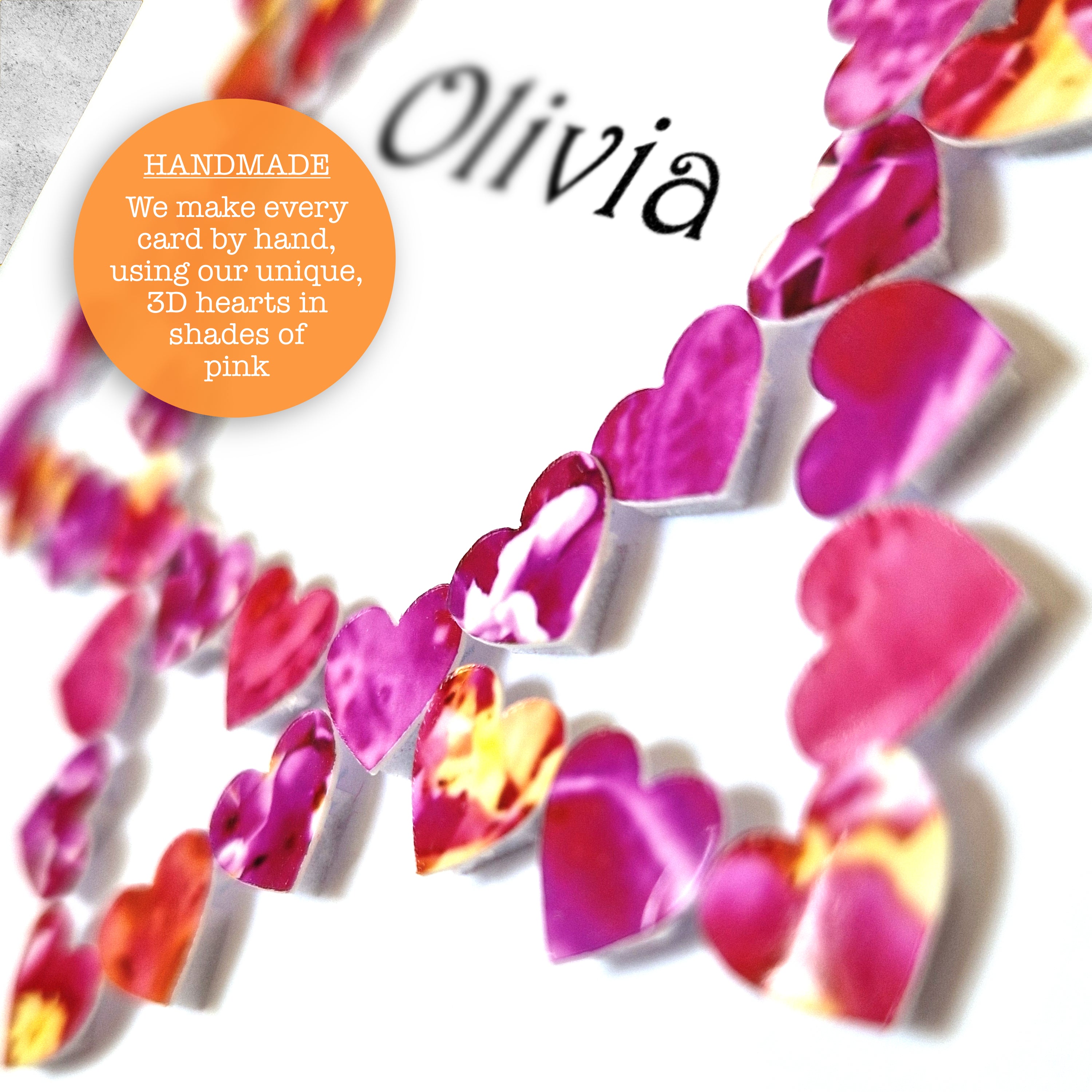 Close up detail of a Personalised Bat Mitzvah Card with a star of david made up from small pink hearts