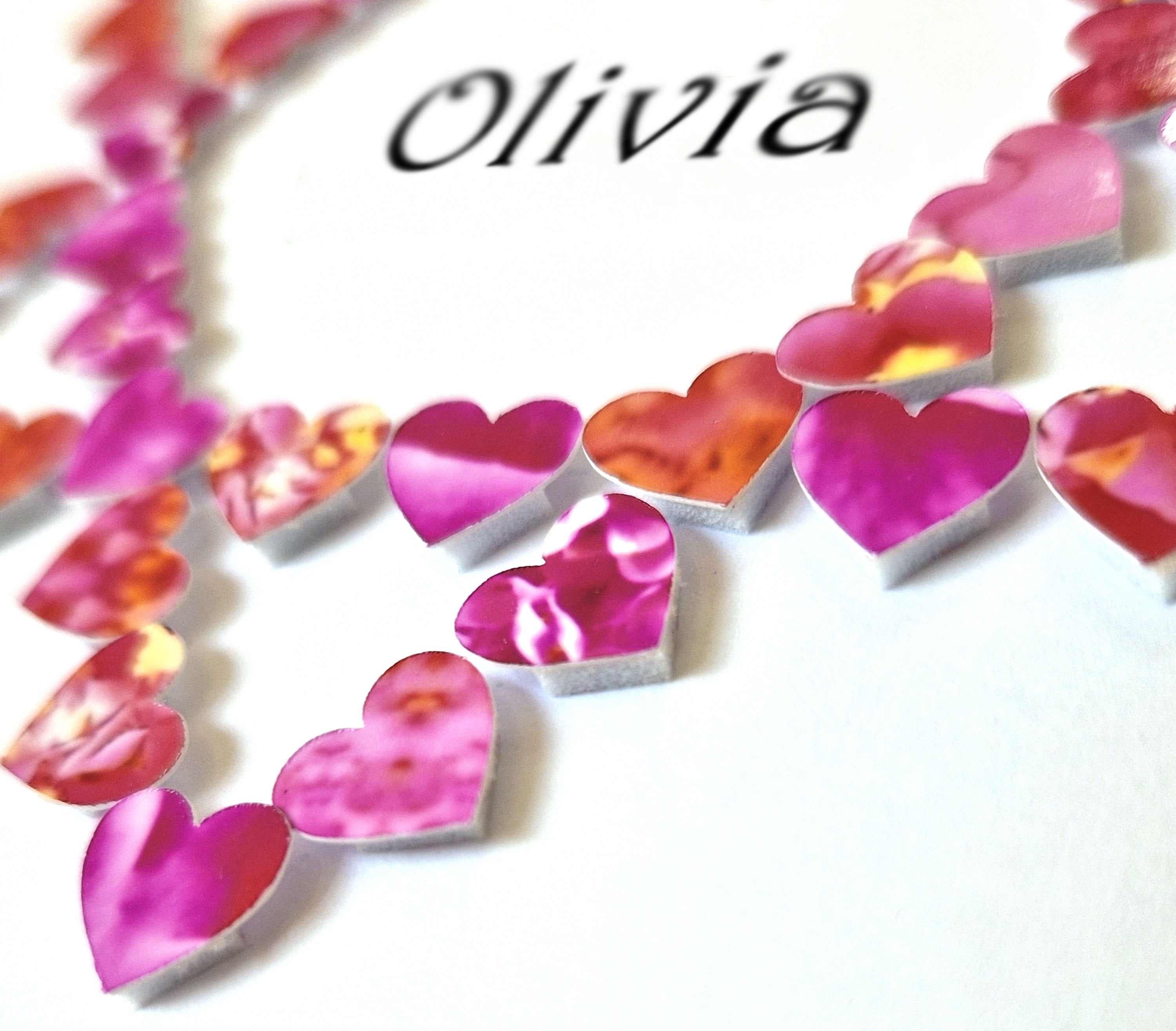 Close up details of a Personalised Bat Mitzvah Card with a star of david made up from small pink hearts
