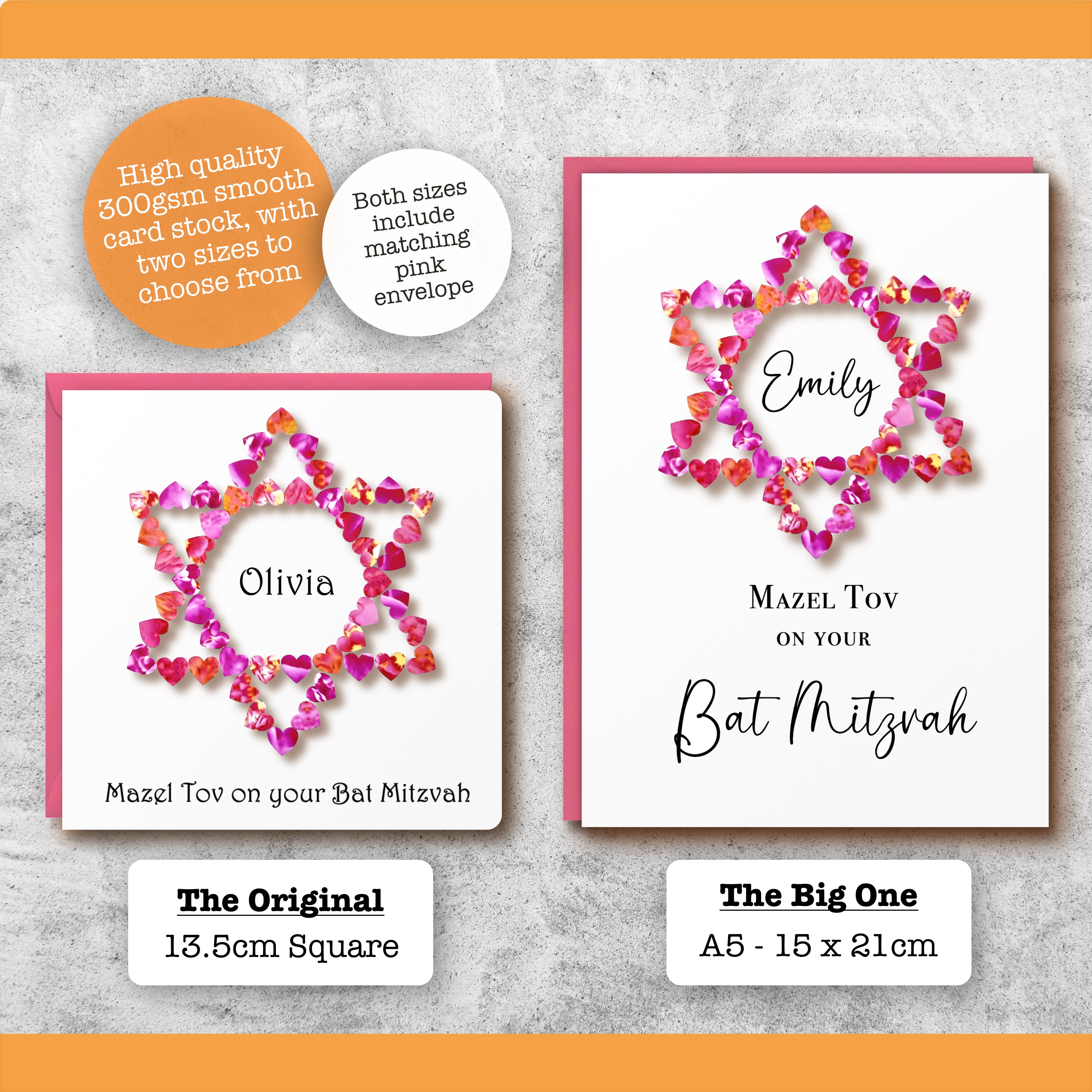 Two Personalised Bat Mitzvah Card with a star of david made up from small pink hearts and the text 'Mazel Tov on your Bat Mitzvah' printed on the front, with pink envelopes, side by side in a size comparison on a grey background