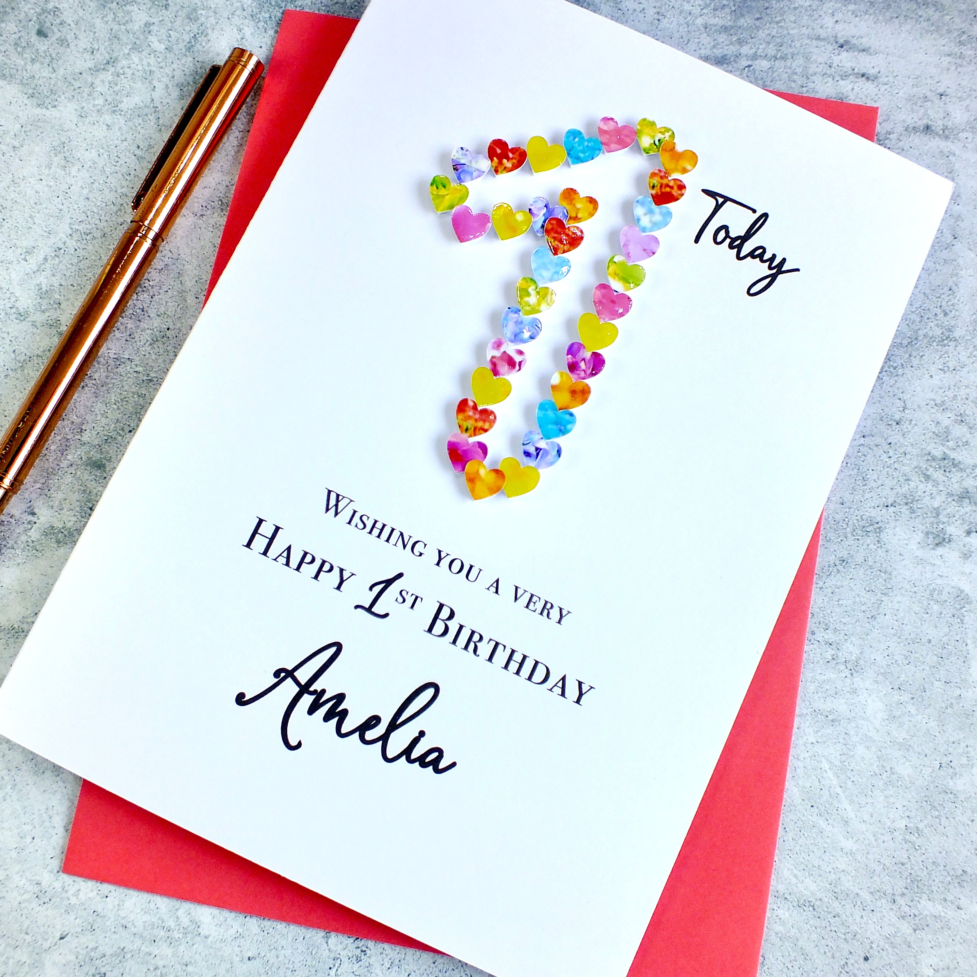 1st Birthday Card - Hearts, Personalised