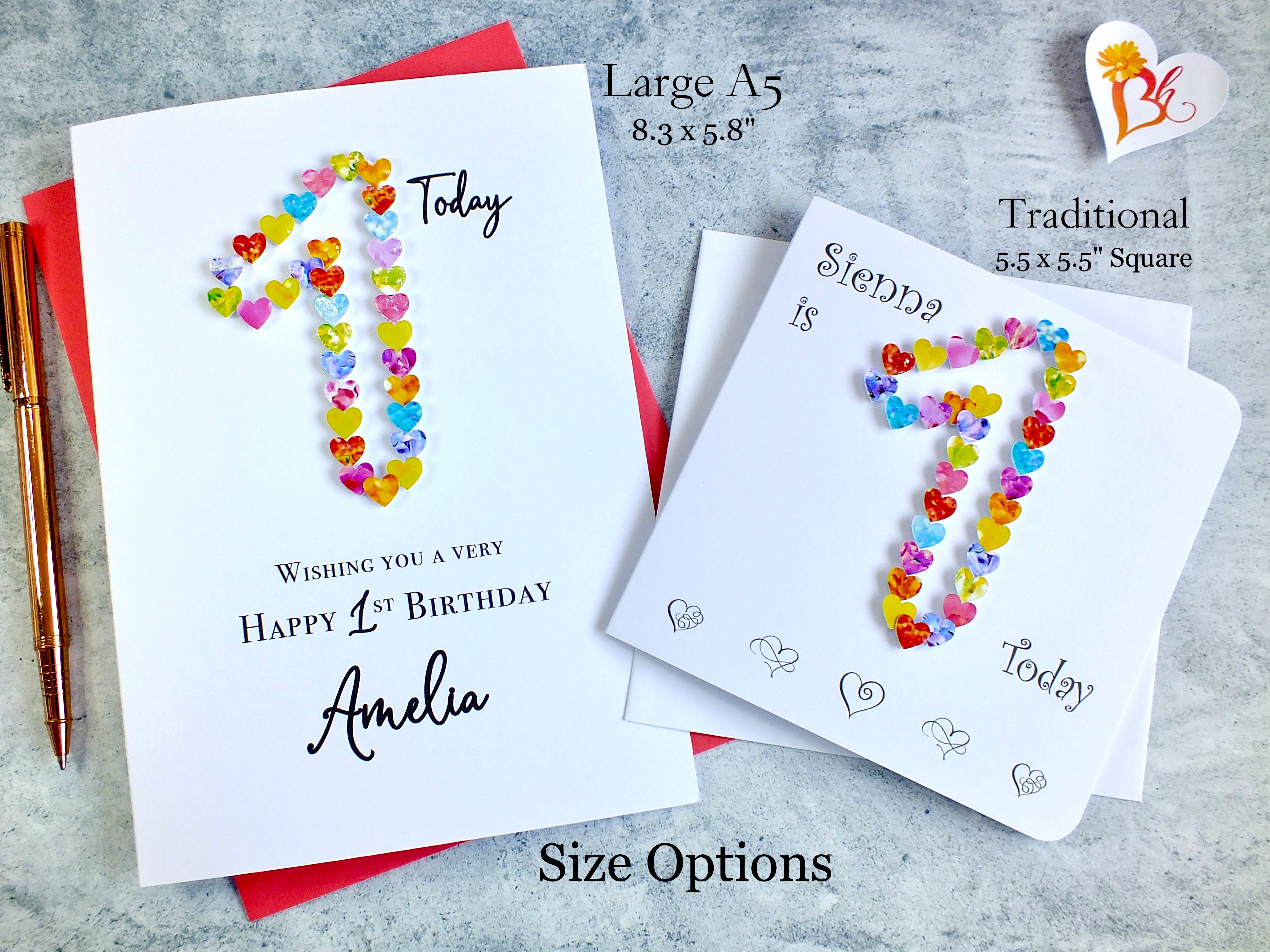 1st Birthday Card - Hearts, Personalised
