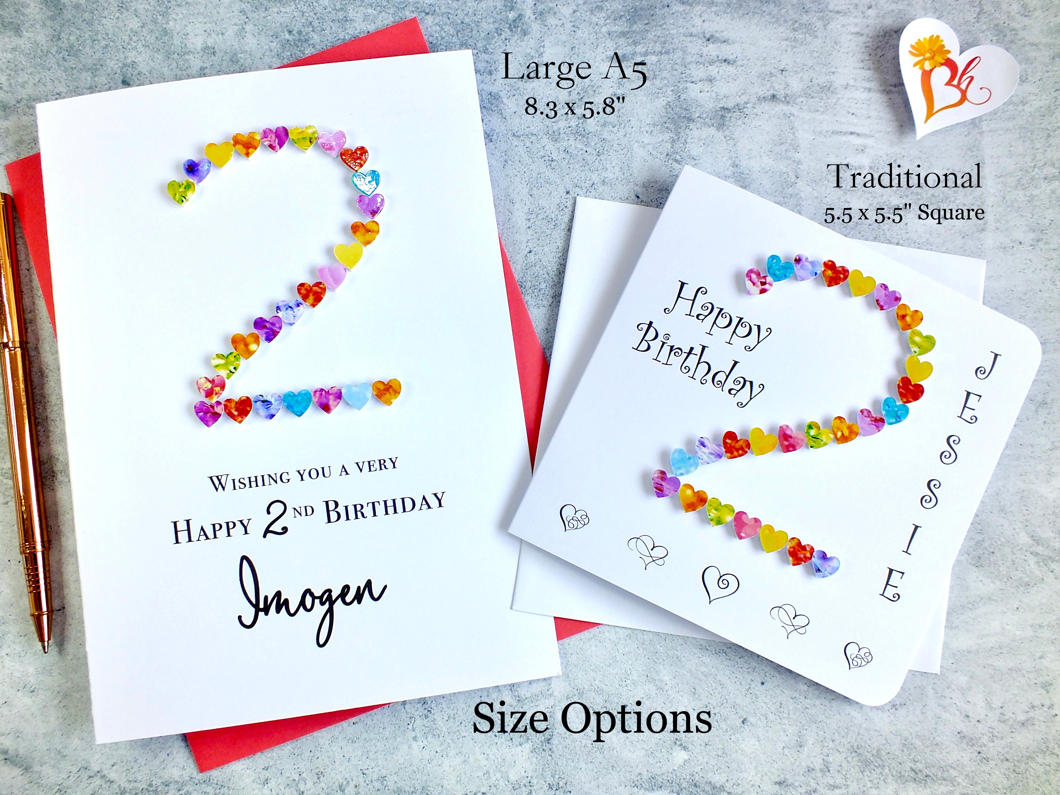 2nd Birthday Card - Hearts, Personalised