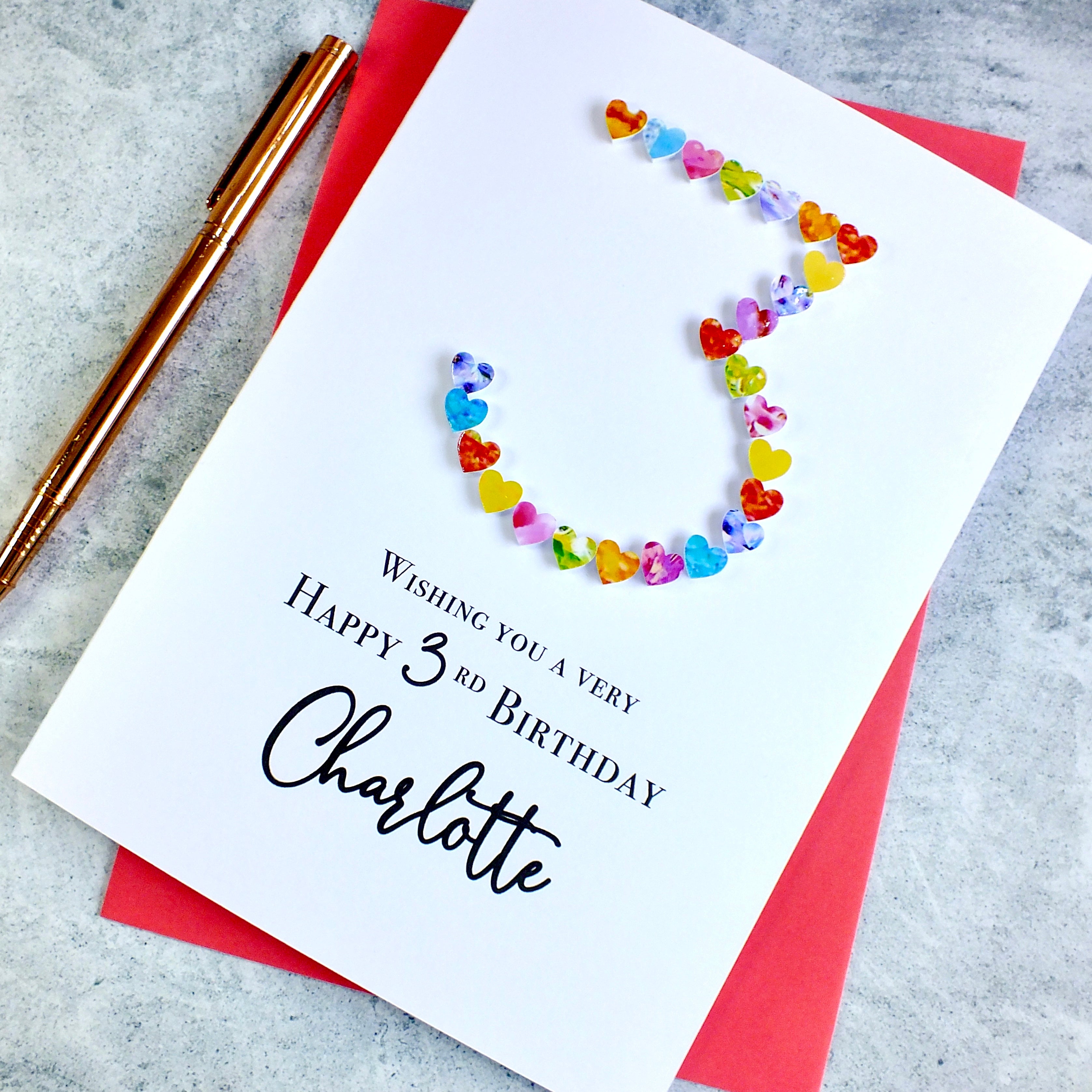 3rd Birthday Card - Hearts, Personalised