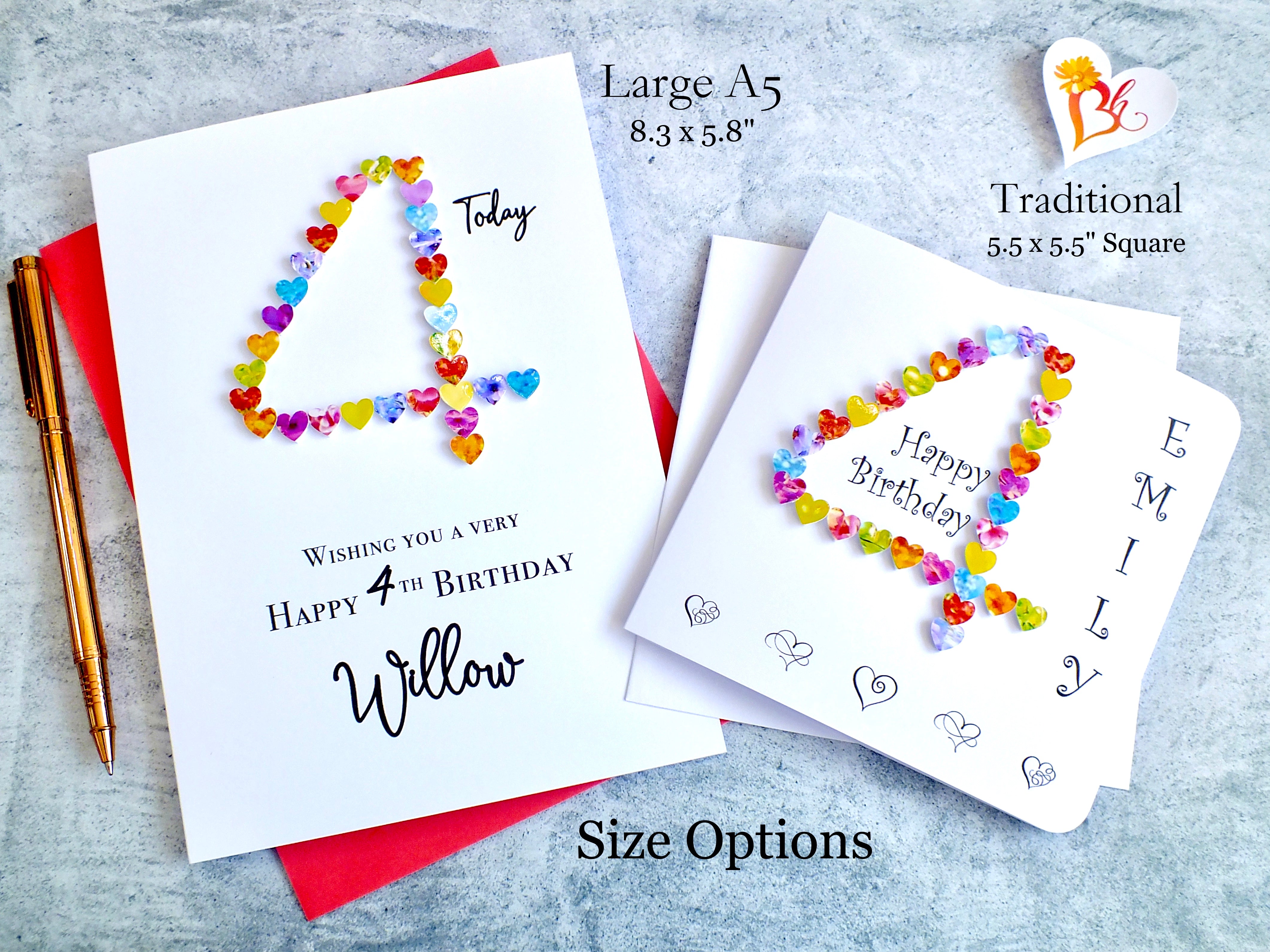 4th Birthday Card - Hearts, Personalised