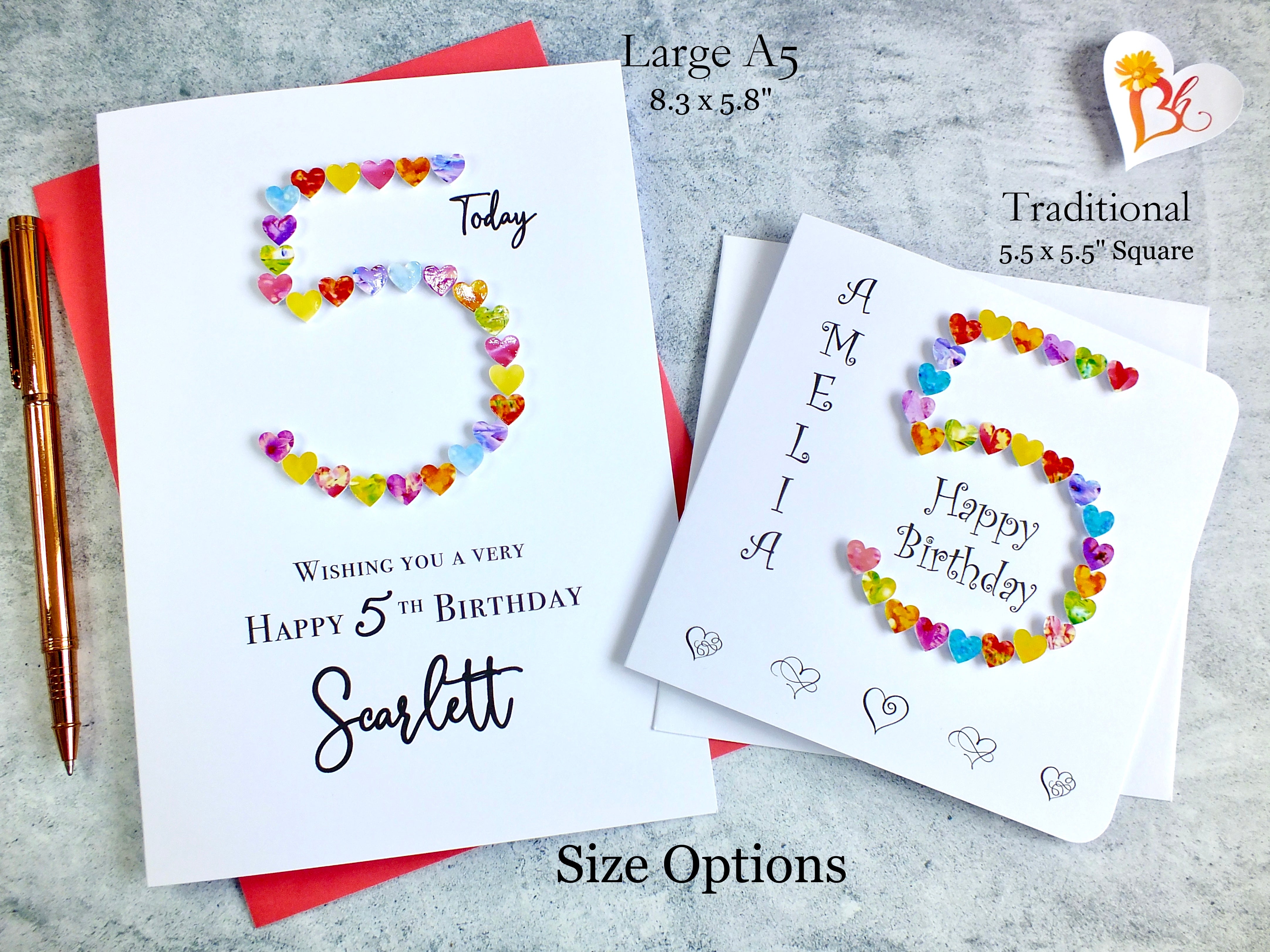 5th Birthday Card - Hearts, Personalised