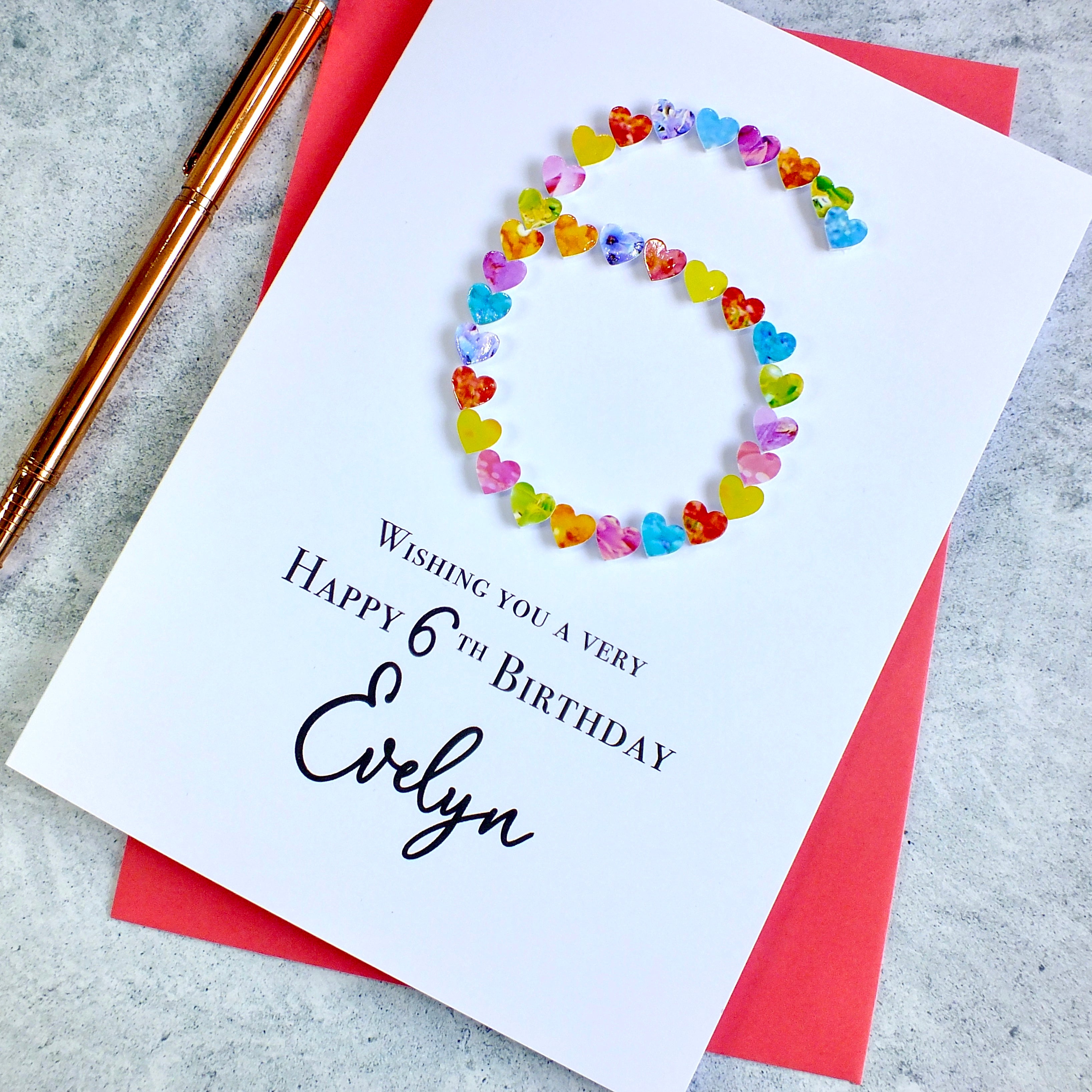 6th Birthday Card - Hearts, Personalised