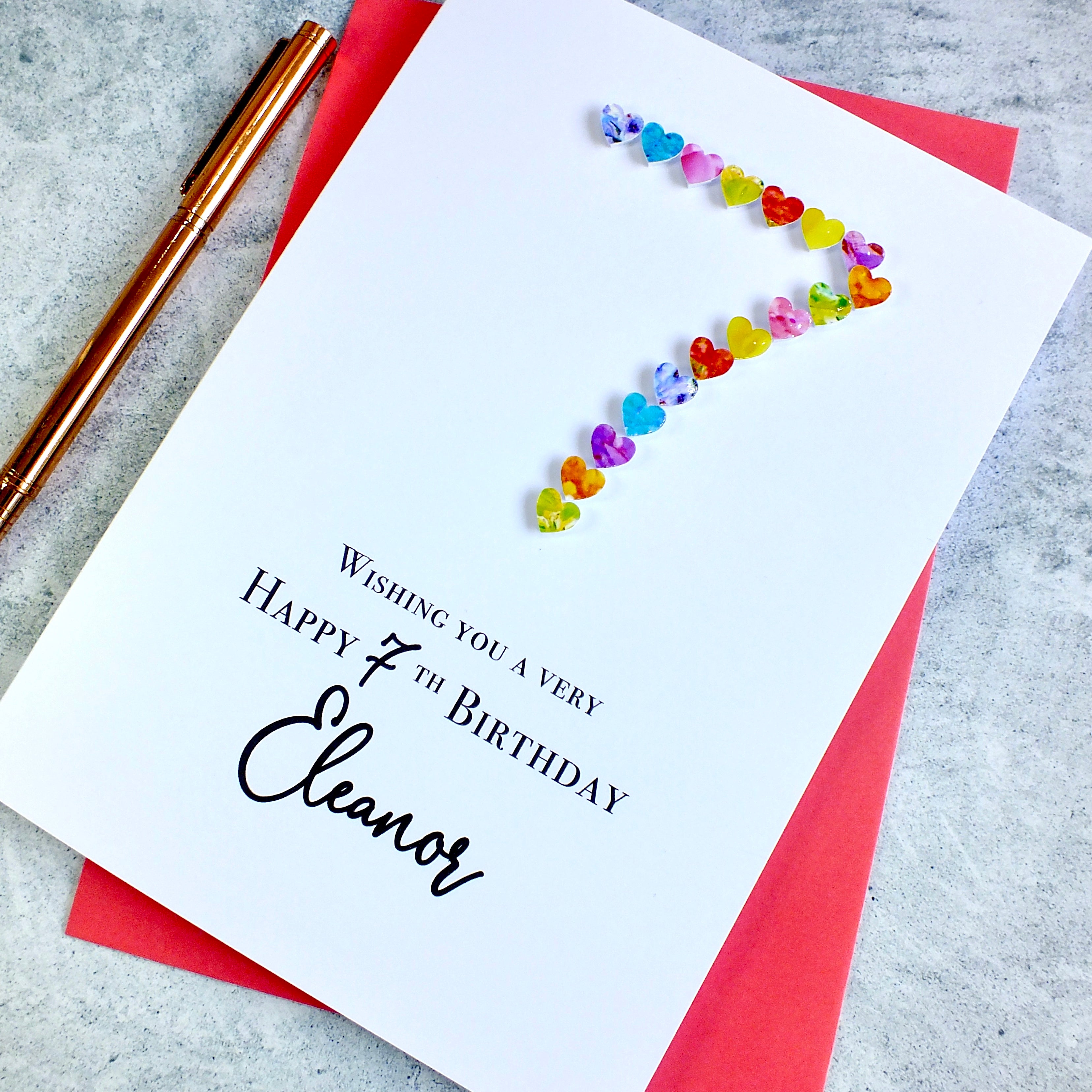7th Birthday Card - Hearts, Personalised