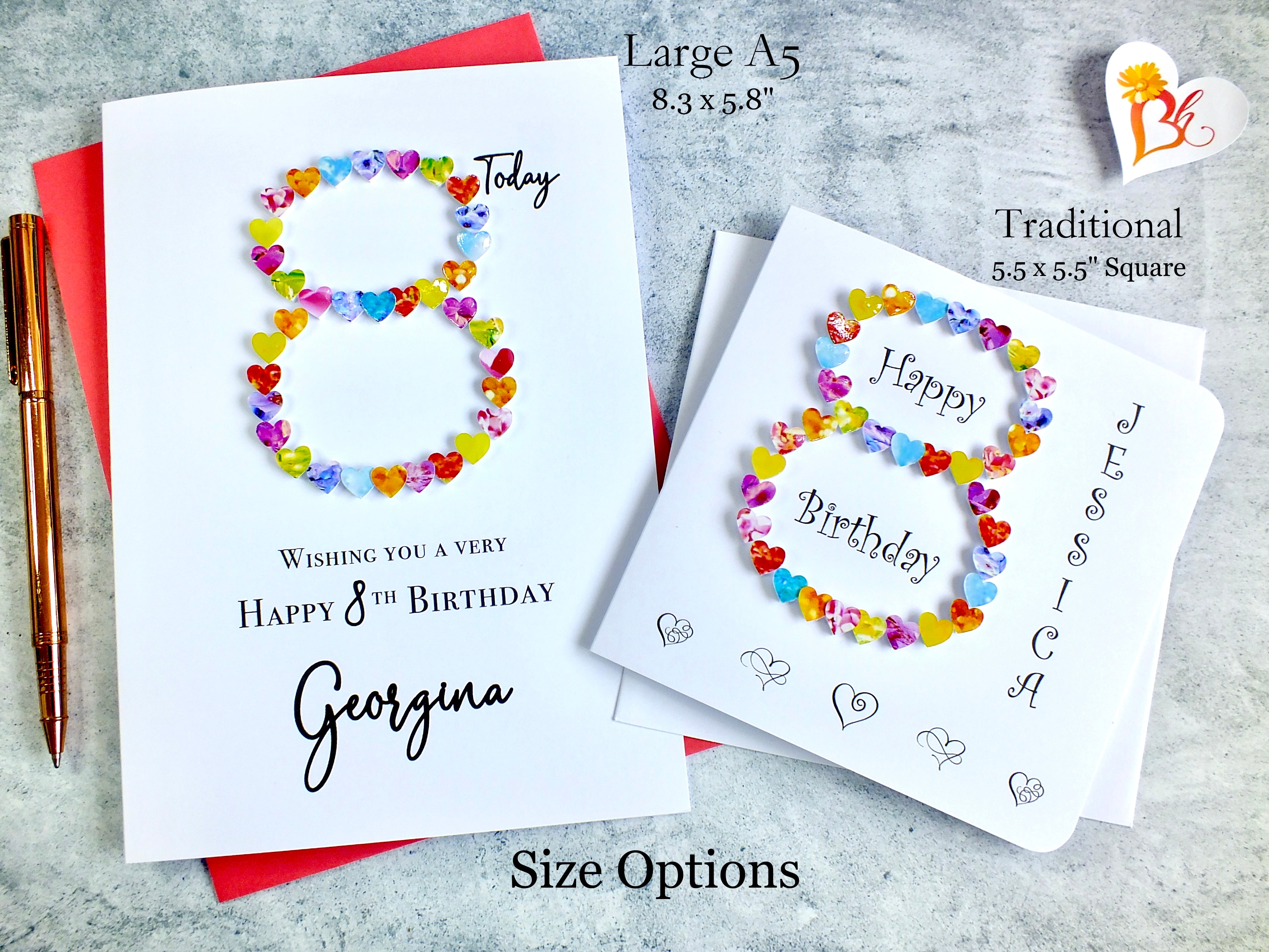 8th Birthday Card - Hearts, Personalised