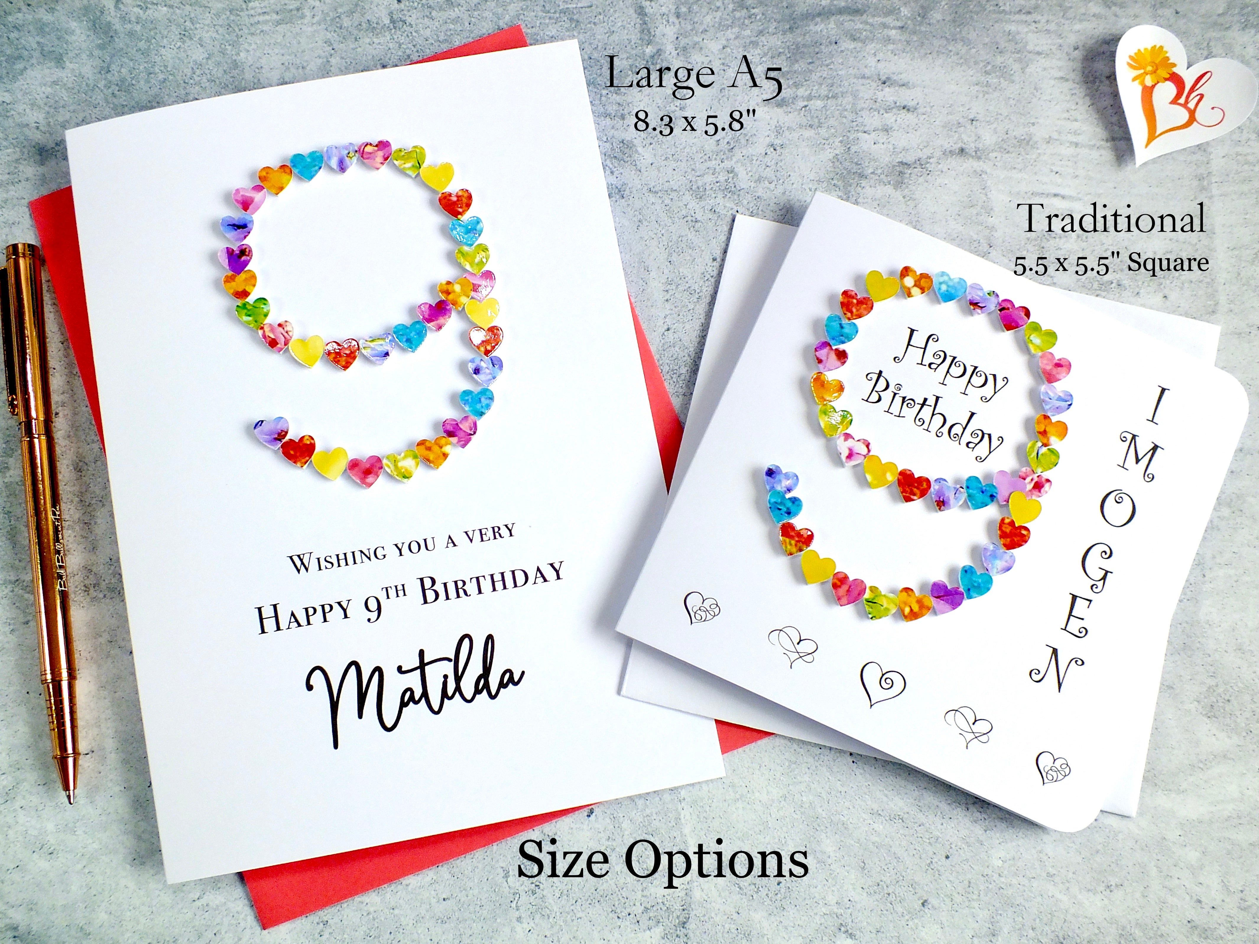 9th Birthday Card - Hearts, Personalised