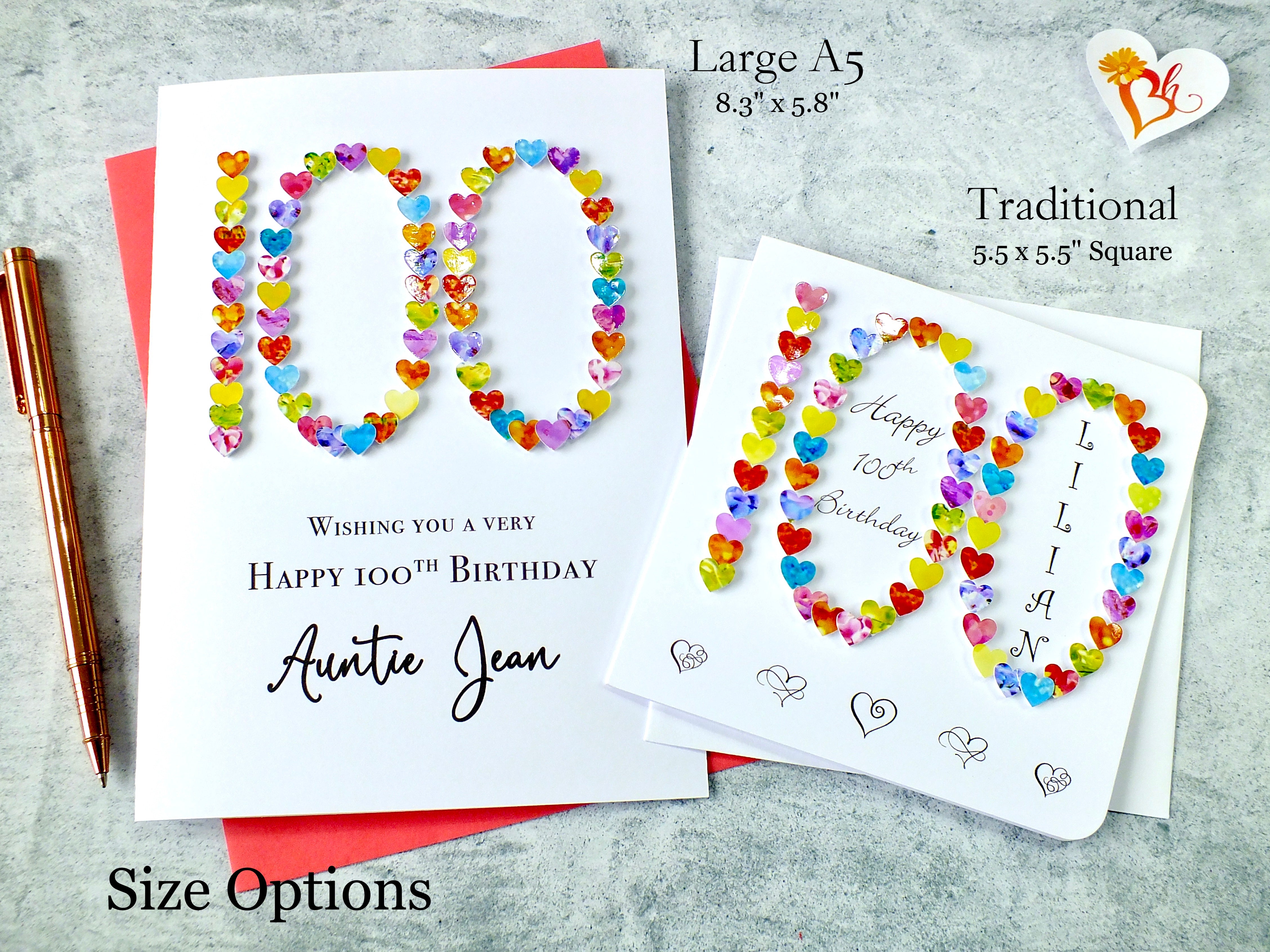 Personalised 100th Birthday Card - Vibrant Hearts Design | New Size Options Available | Bright Heart Design