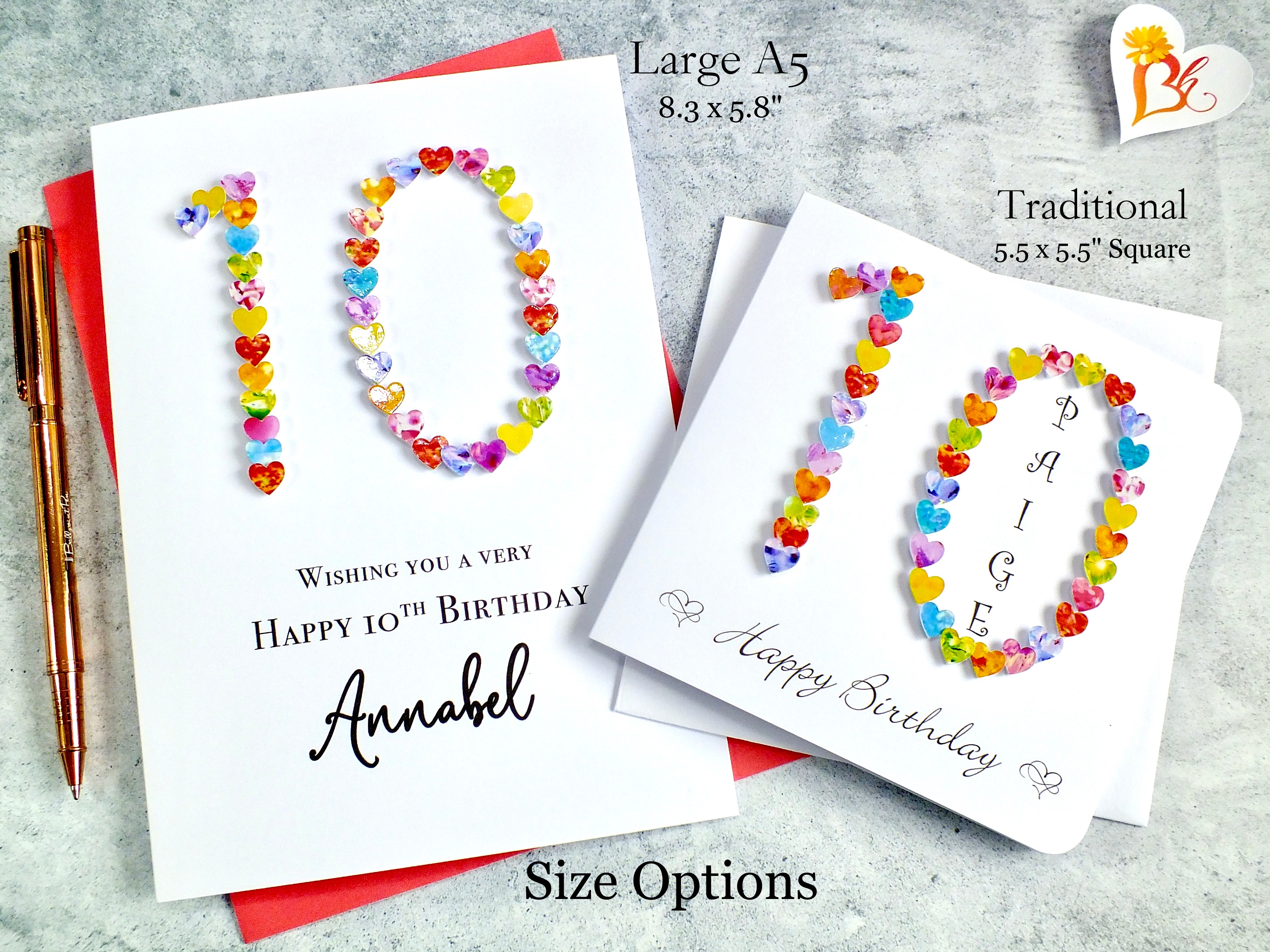 Personalised 10th Birthday Card - Colourful Hearts Design | New Size Options Available | Bright Heart Design