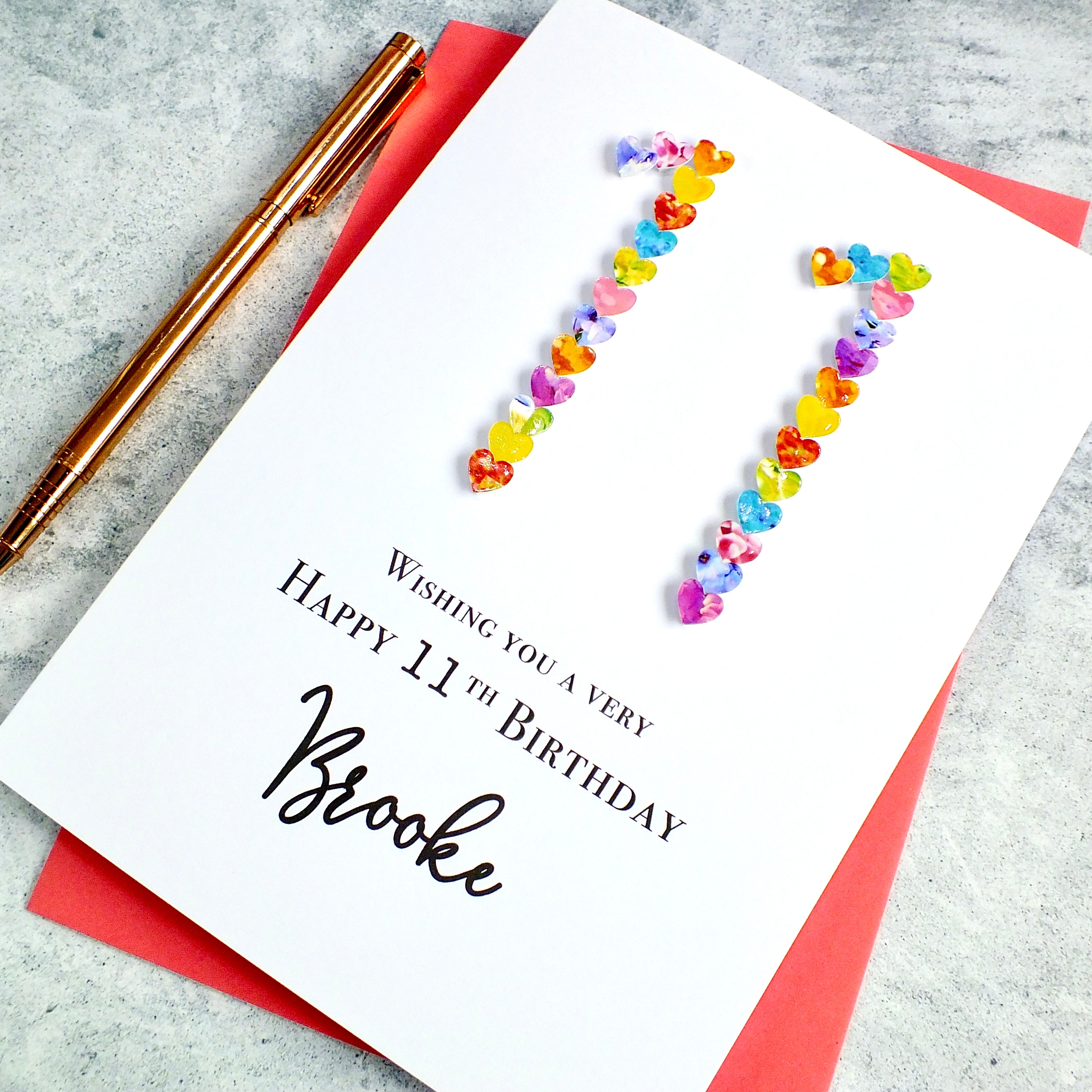 Personalised 11th Birthday Card - Colourful Hearts Design | New Size Options Available | Bright Heart Design