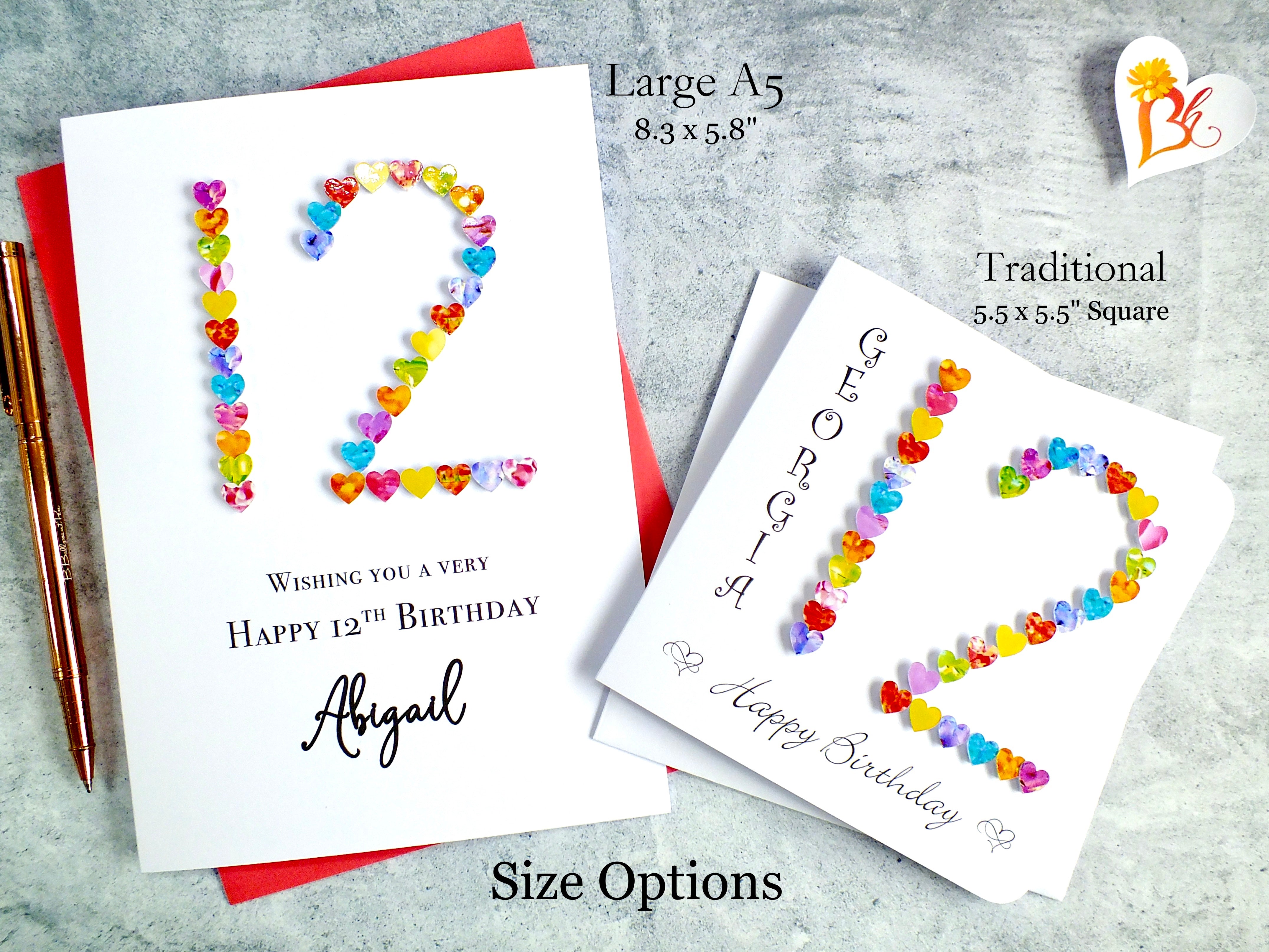 12th Birthday Card - Hearts, Personalised
