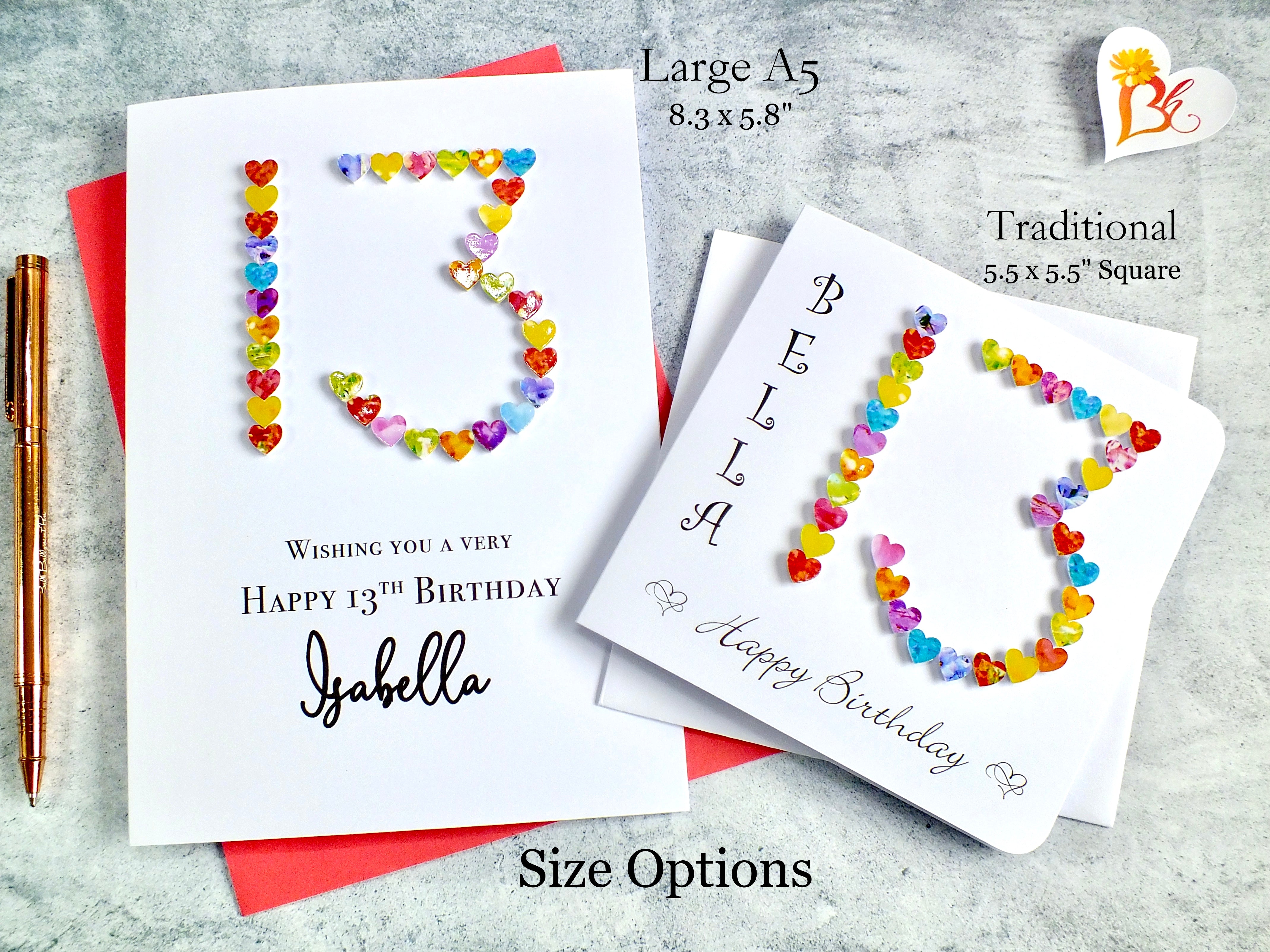 Personalised 13th Birthday Card - Colourful Hearts Design | New Size Options Available | Bright Heart Design