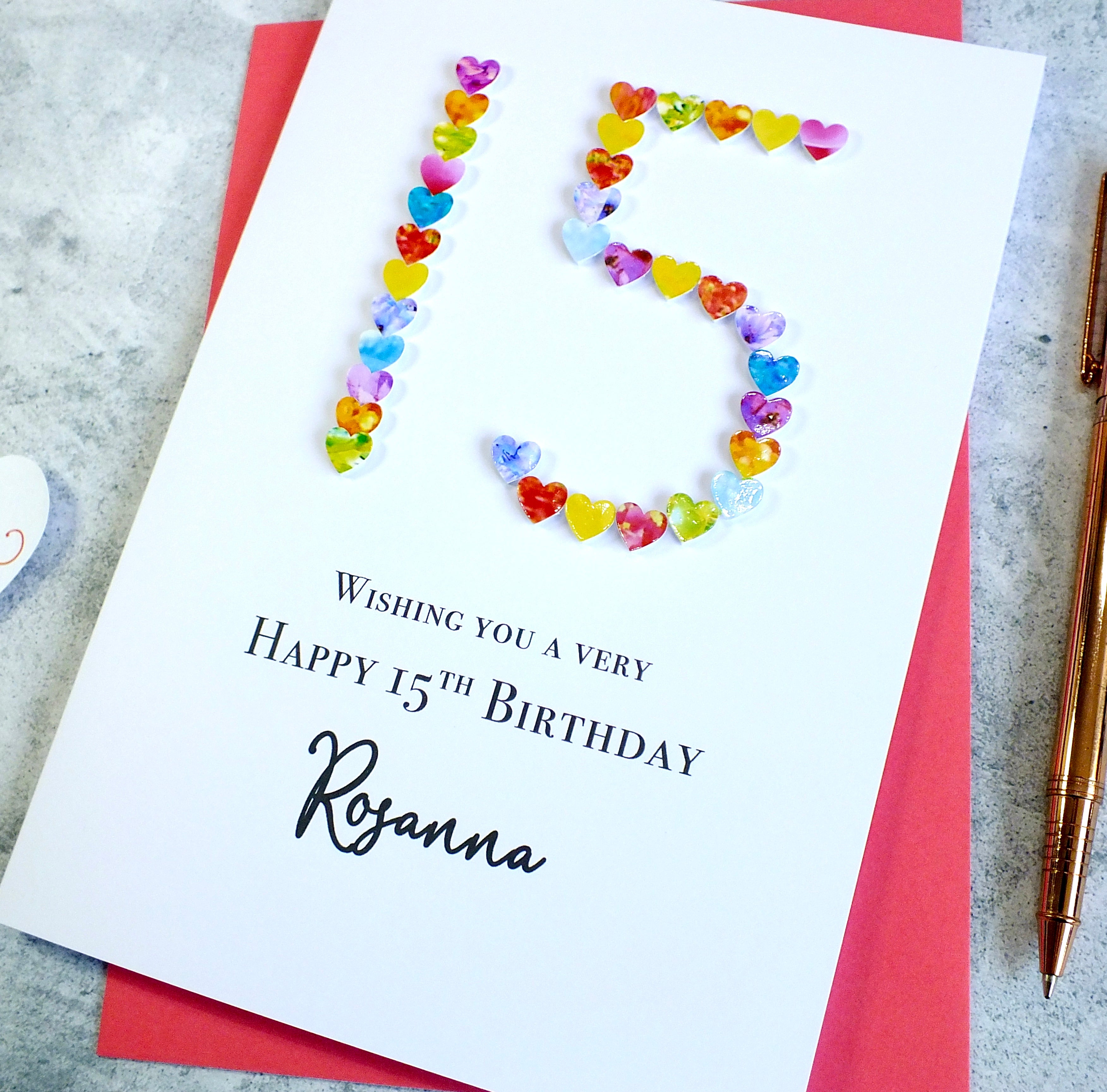 Personalized 15th Birthday Card with Vibrant Hearts - Handmade and Unique | Bright Heart Design