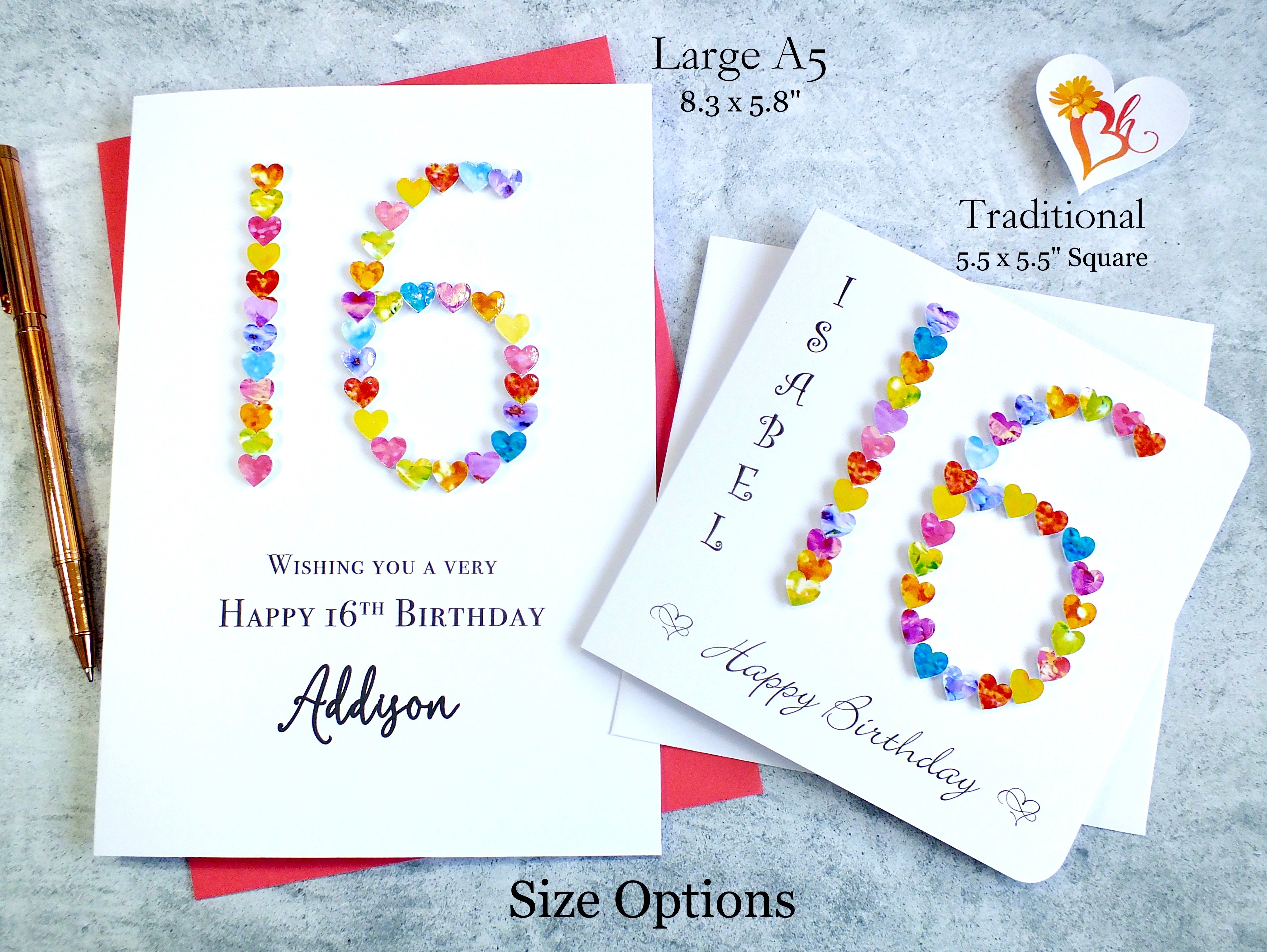 Personalized 16th Birthday Card with Vibrant Hearts - Handmade and Unique | Bright Heart Design