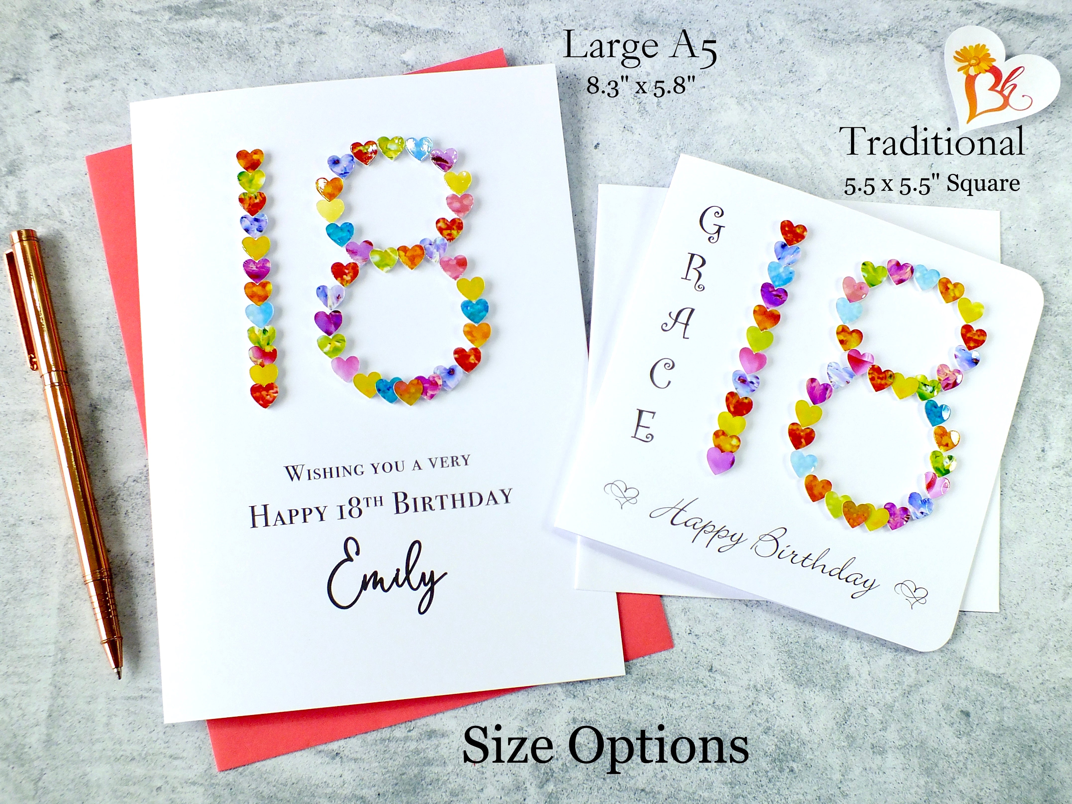 18th Birthday Card - Hearts, Personalised