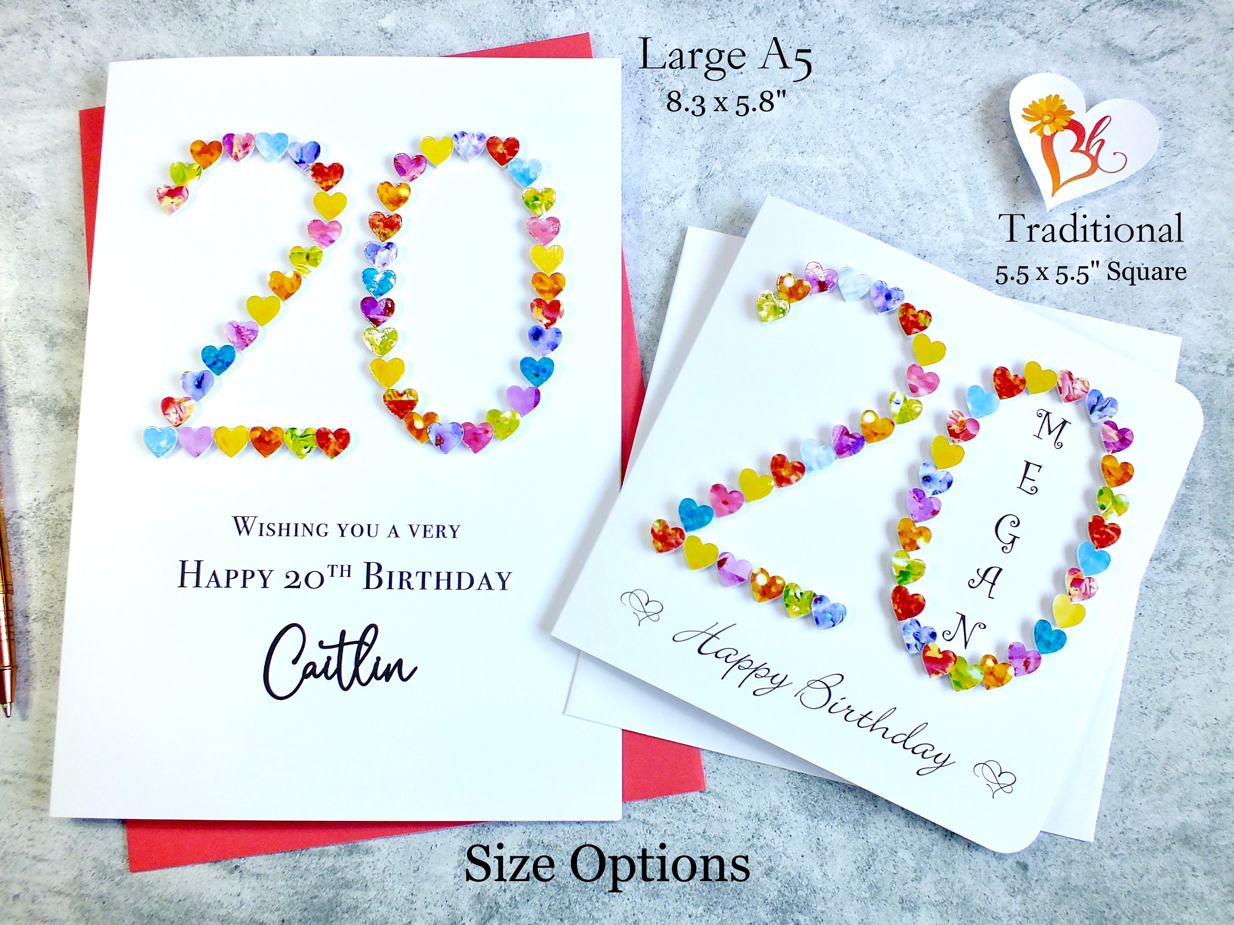 20th Birthday Card - Hearts, Personalised