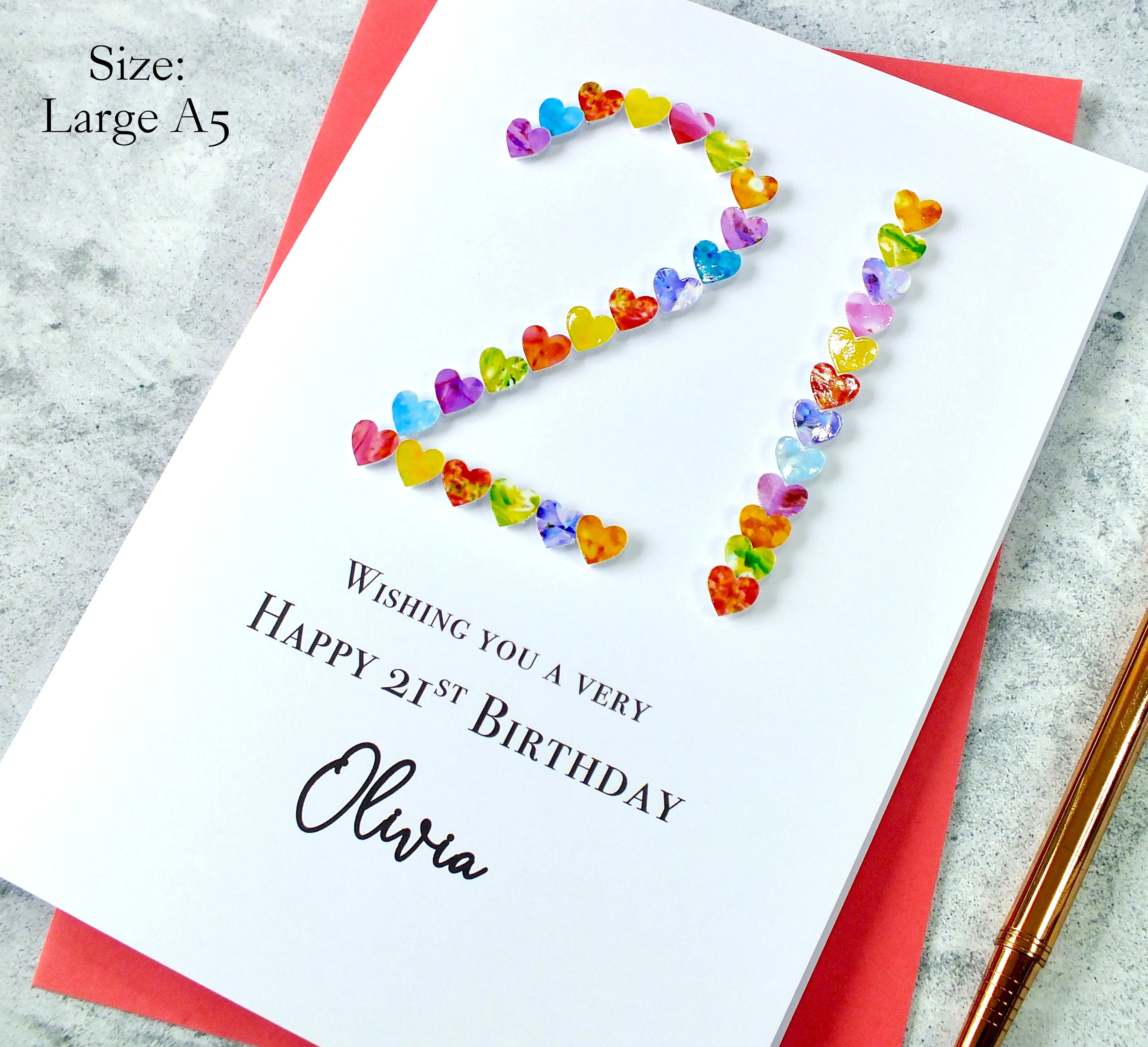 21st Birthday Card - Hearts, Personalised