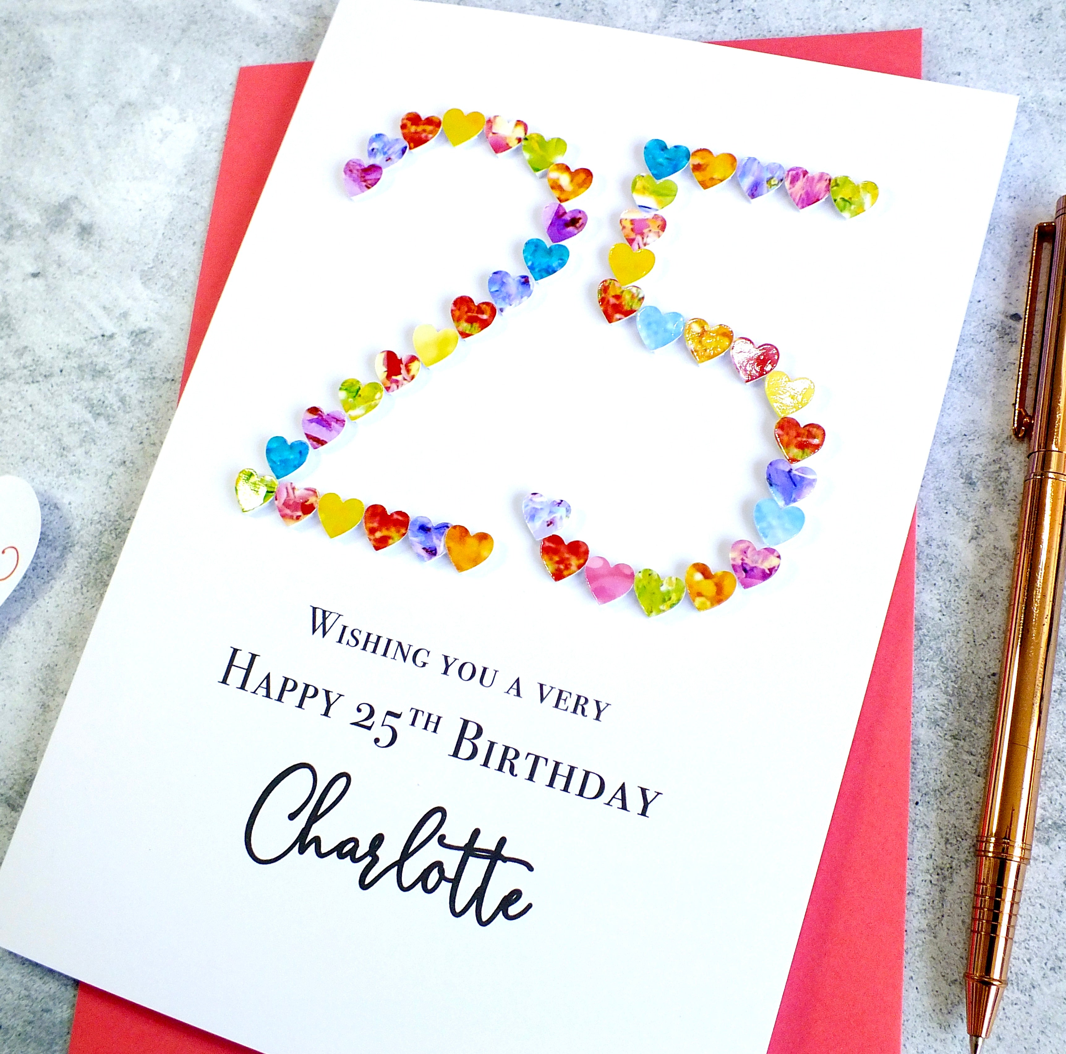 25th Birthday Card -Hearts, Personalised