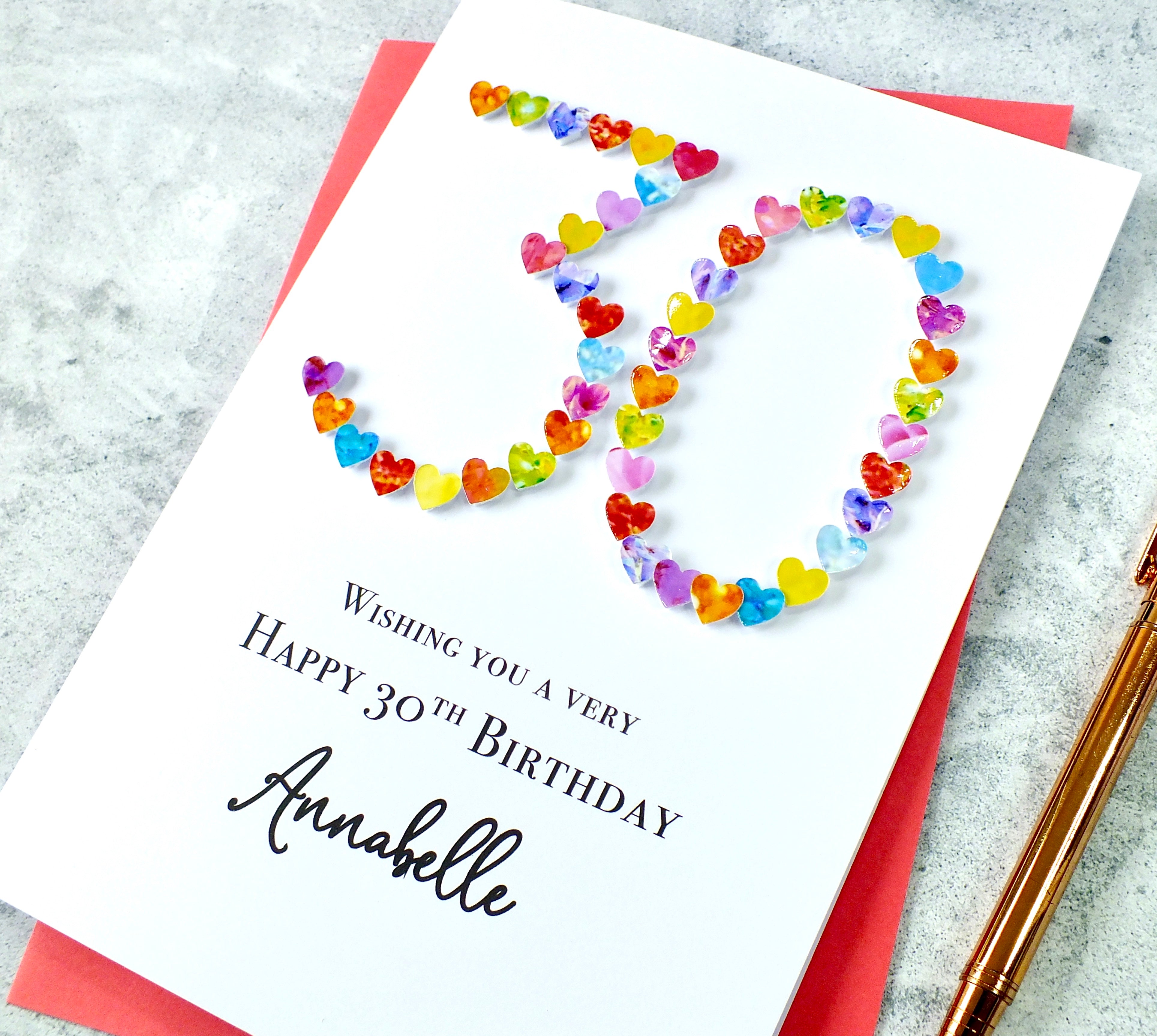 30th Birthday Card - Hearts, Personalised