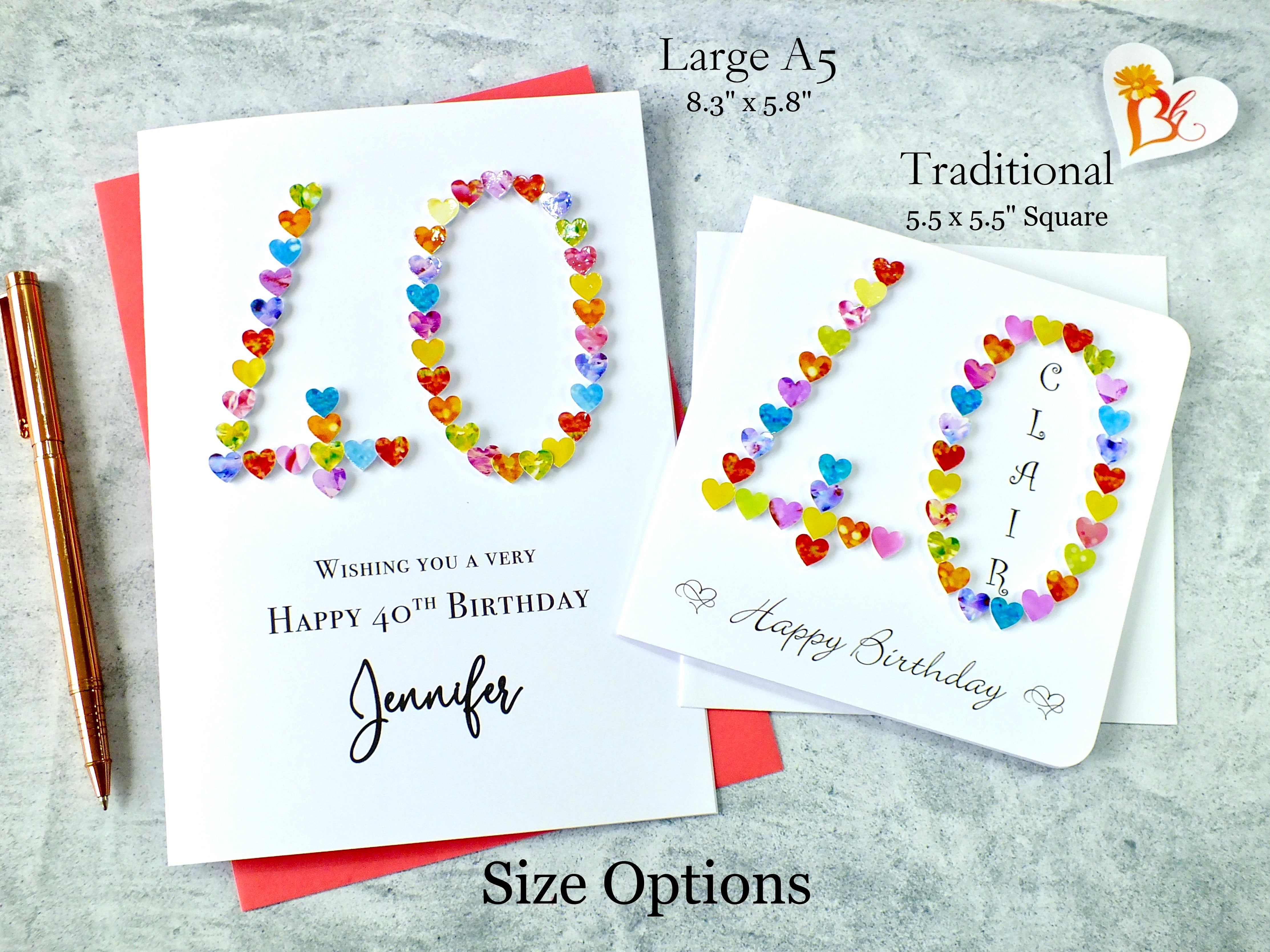 40th Birthday Card - Hearts, Personalised