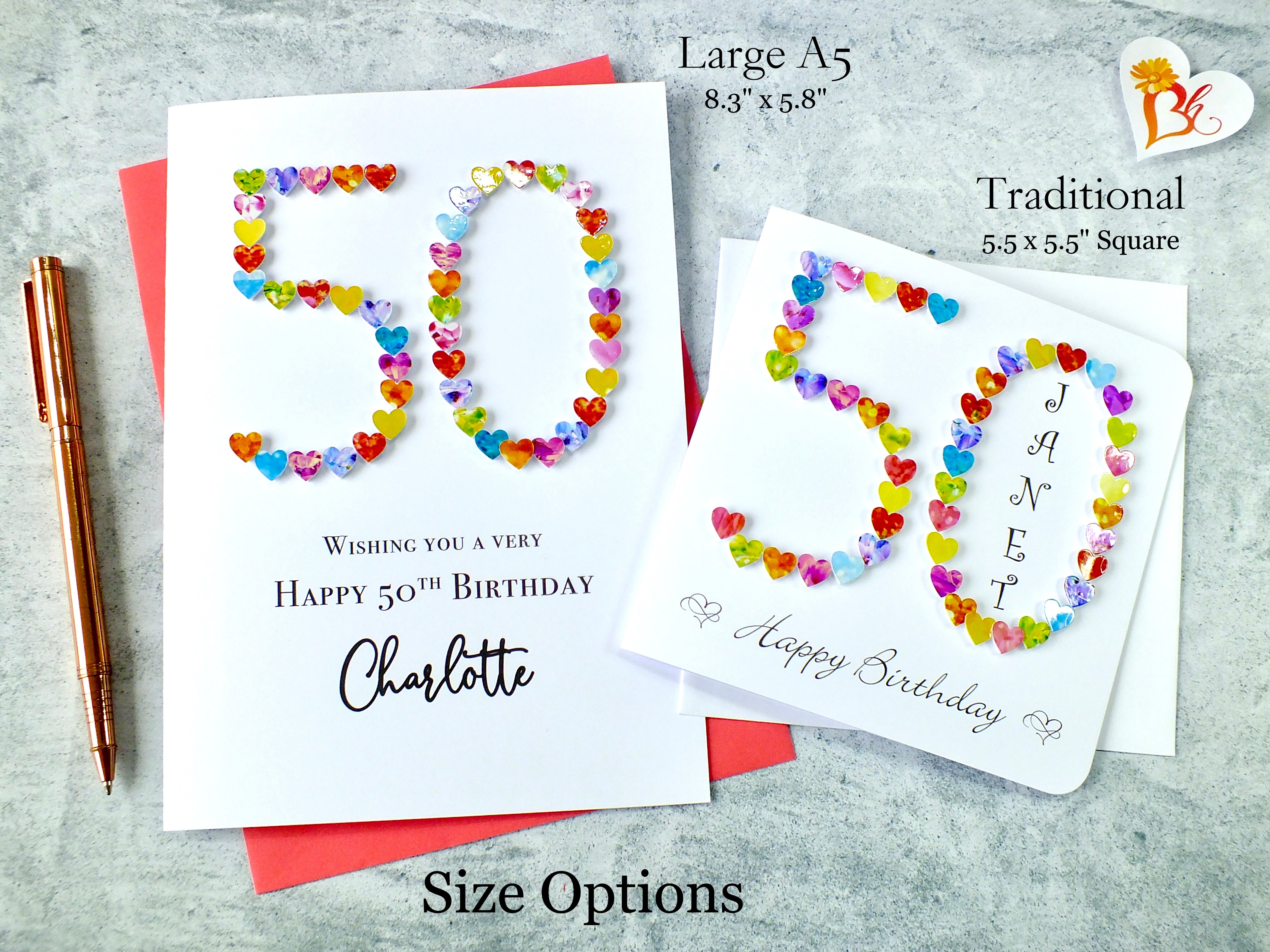 50th Birthday Card - Hearts, Personalised