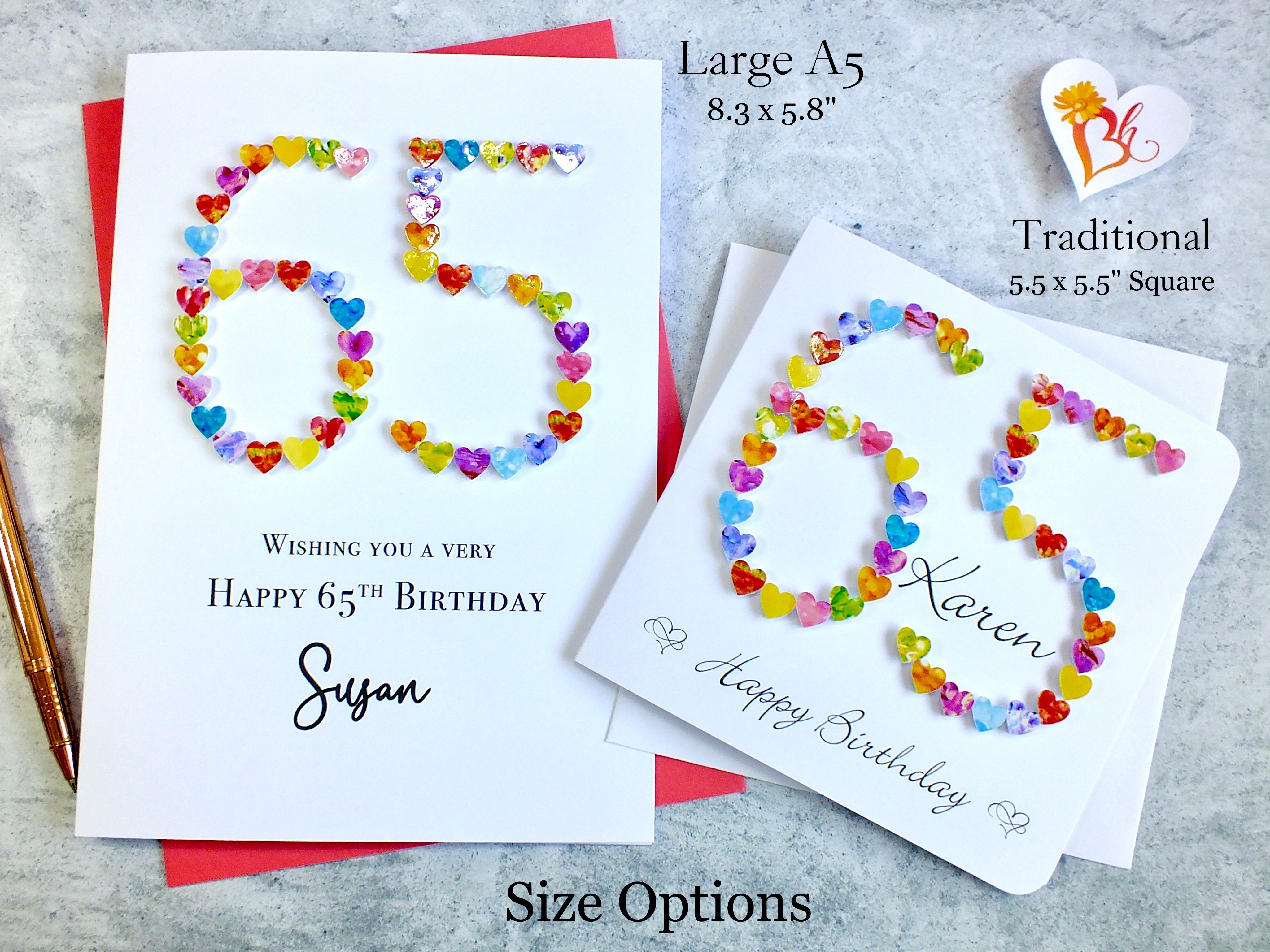 65th Birthday Card - Hearts, Personalised
