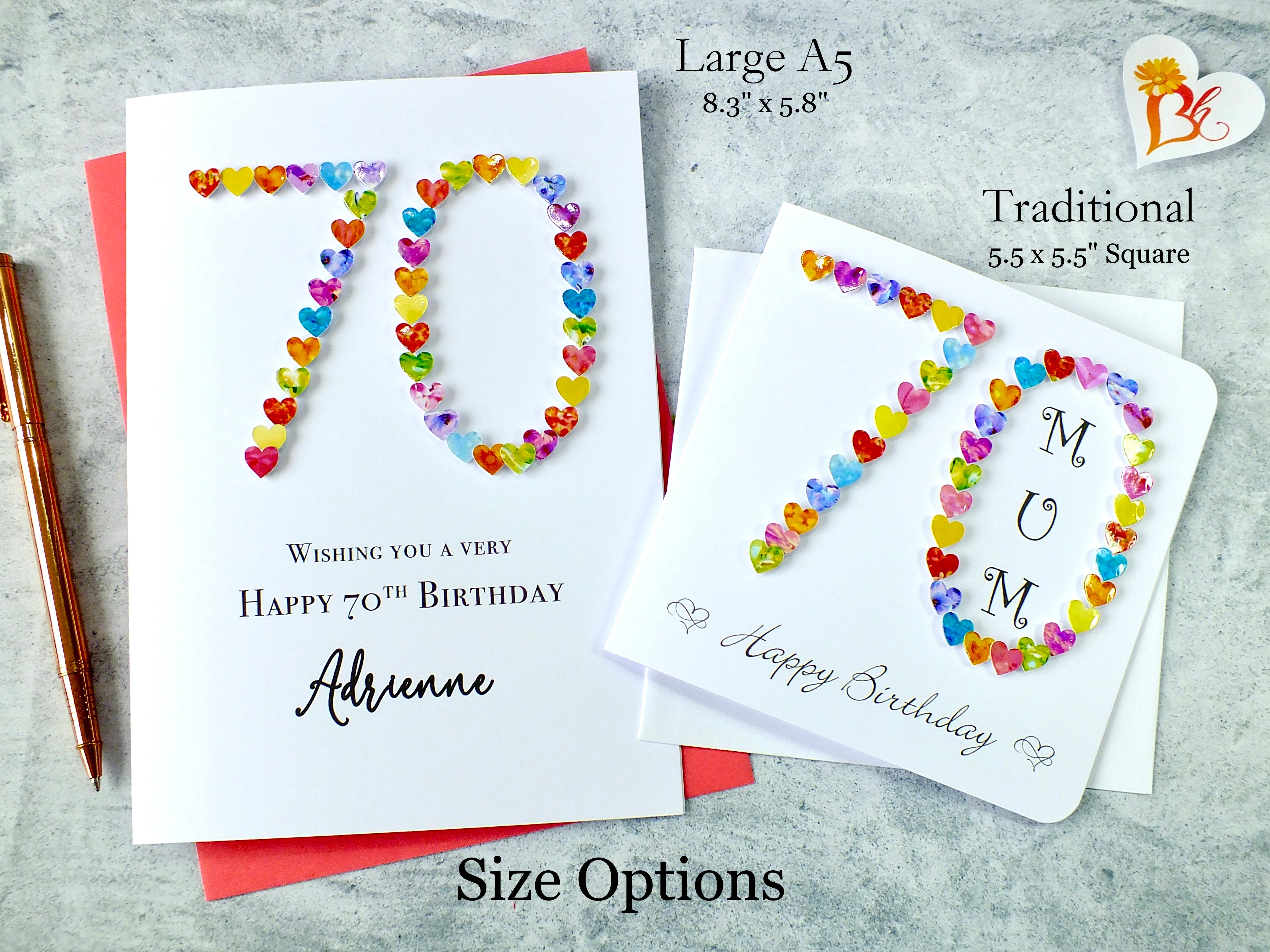 70th Birthday Card - Hearts, Personalised