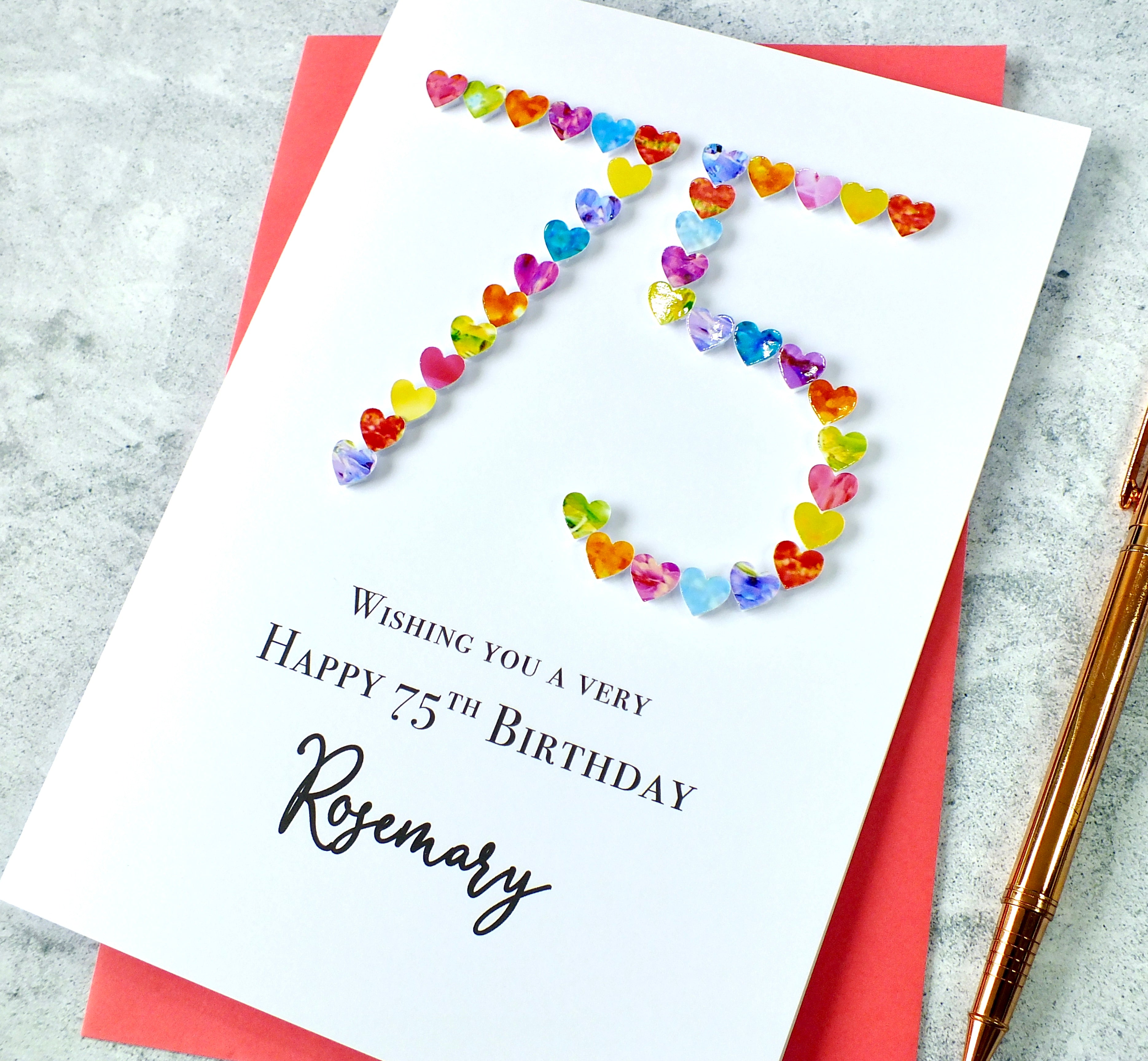 75th Birthday Card - Hearts, Personalised