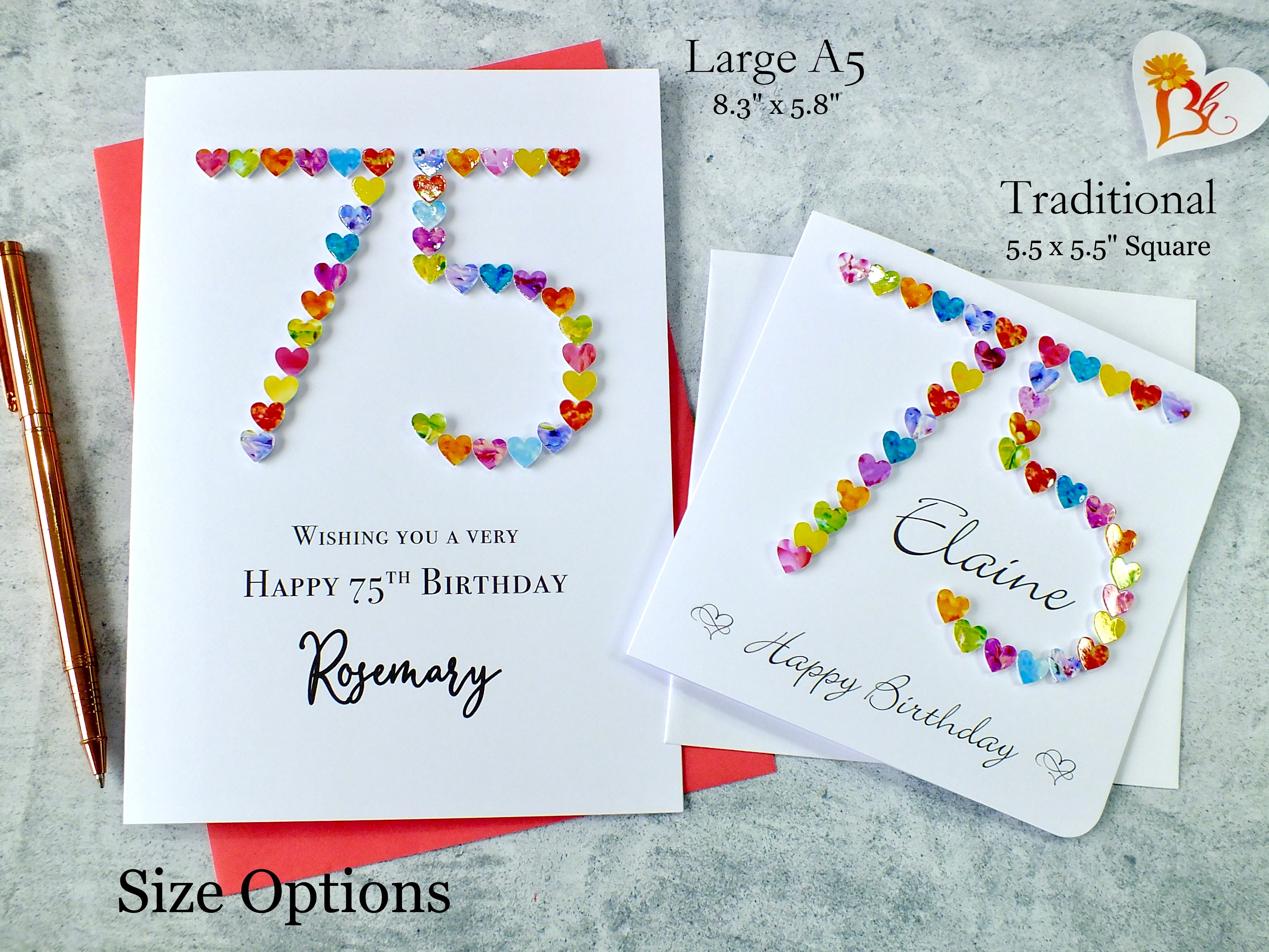 75th Birthday Card - Hearts, Personalised