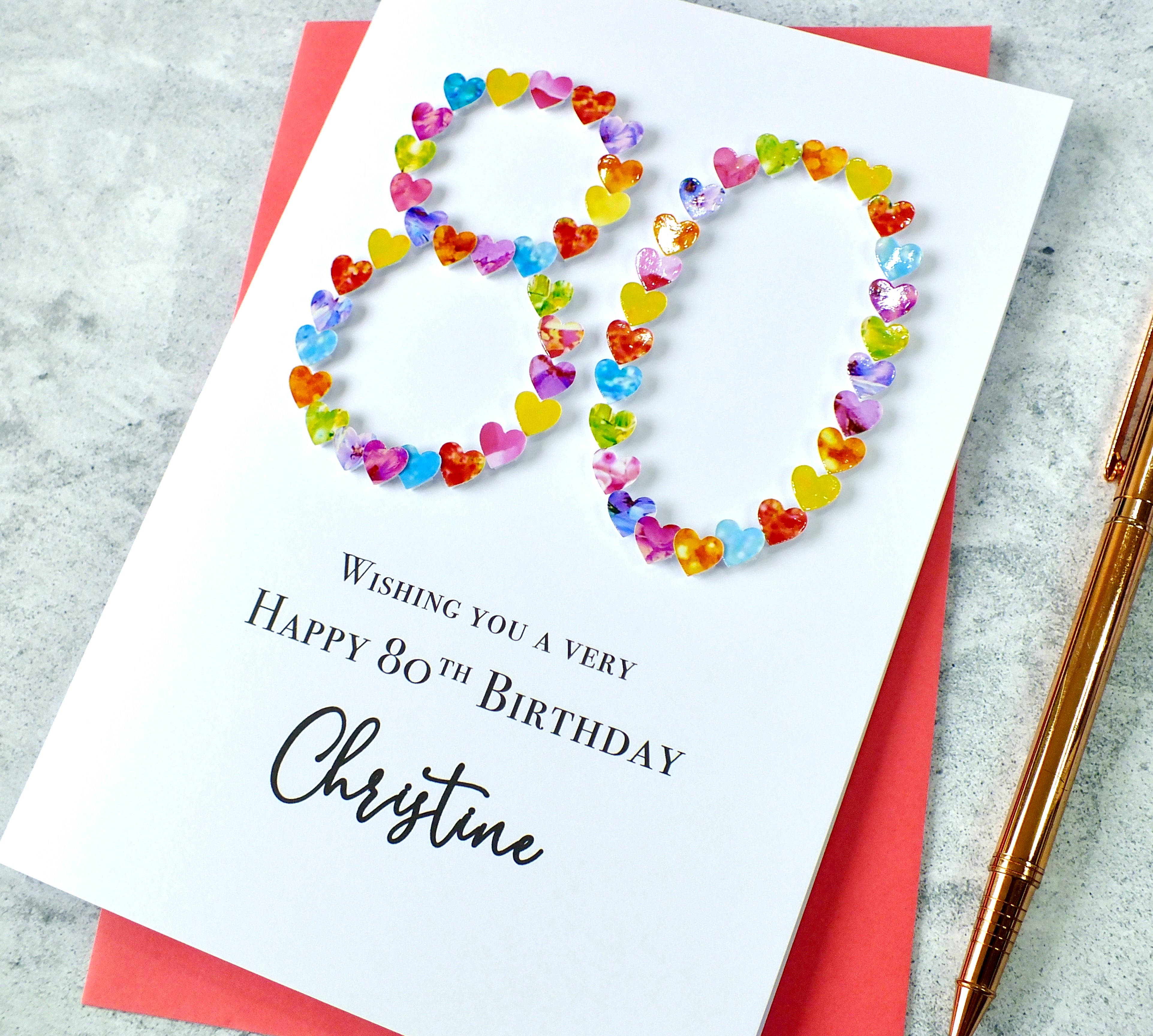 80th Birthday Card - Hearts, Personalised