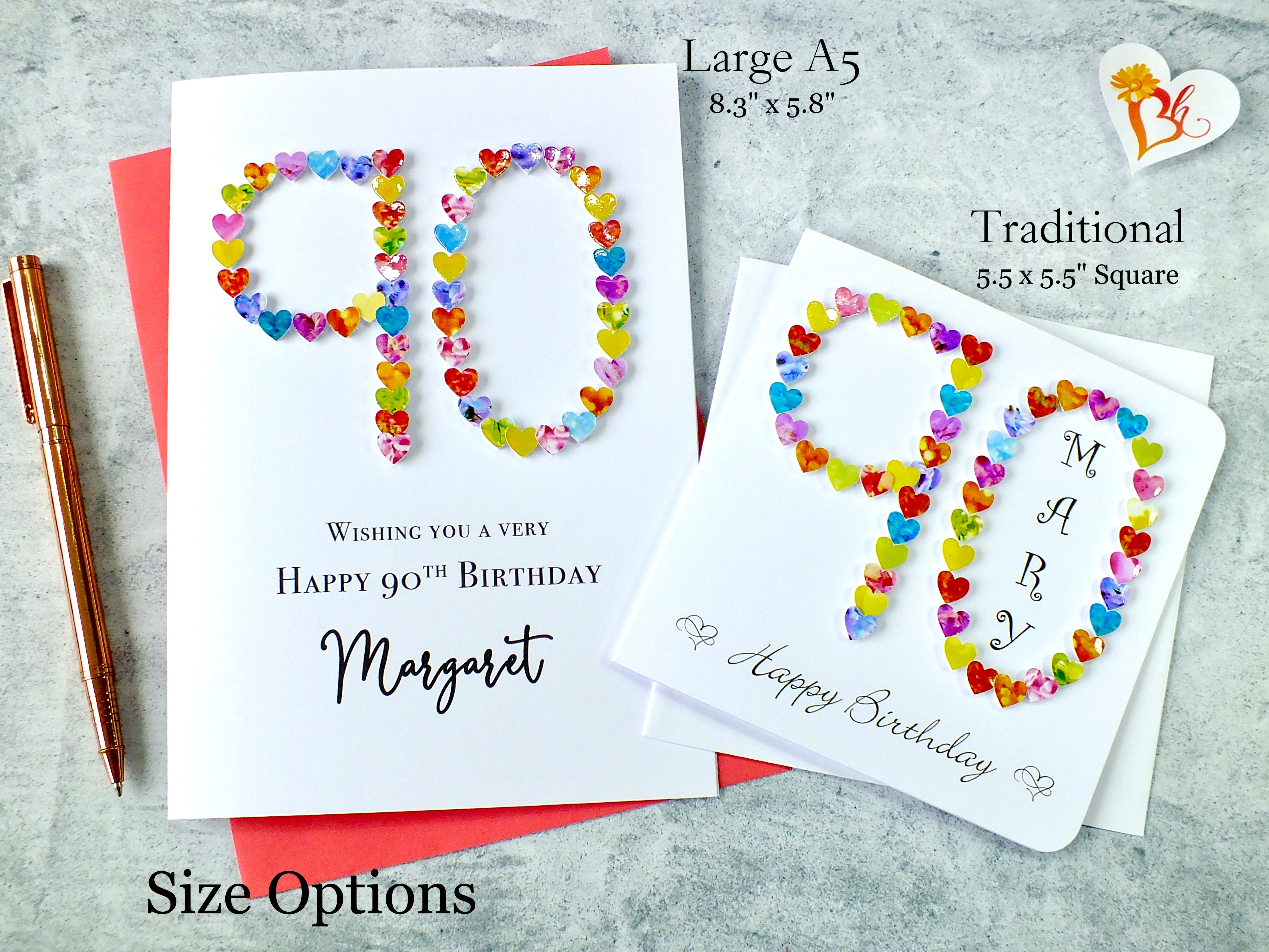 90th Birthday Card - Hearts, Personalised