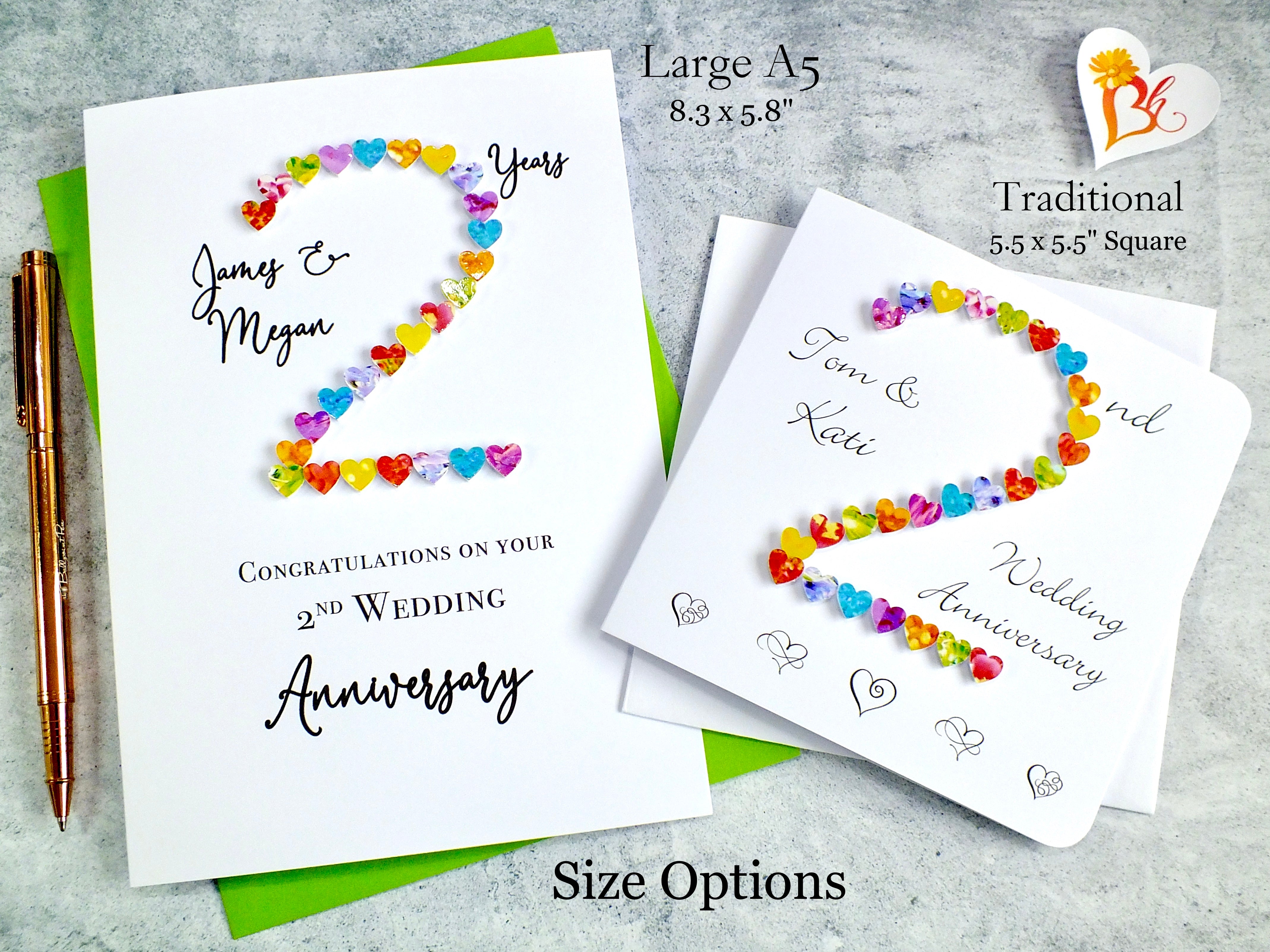 2nd Wedding Anniversary Card - Hearts, Personalised