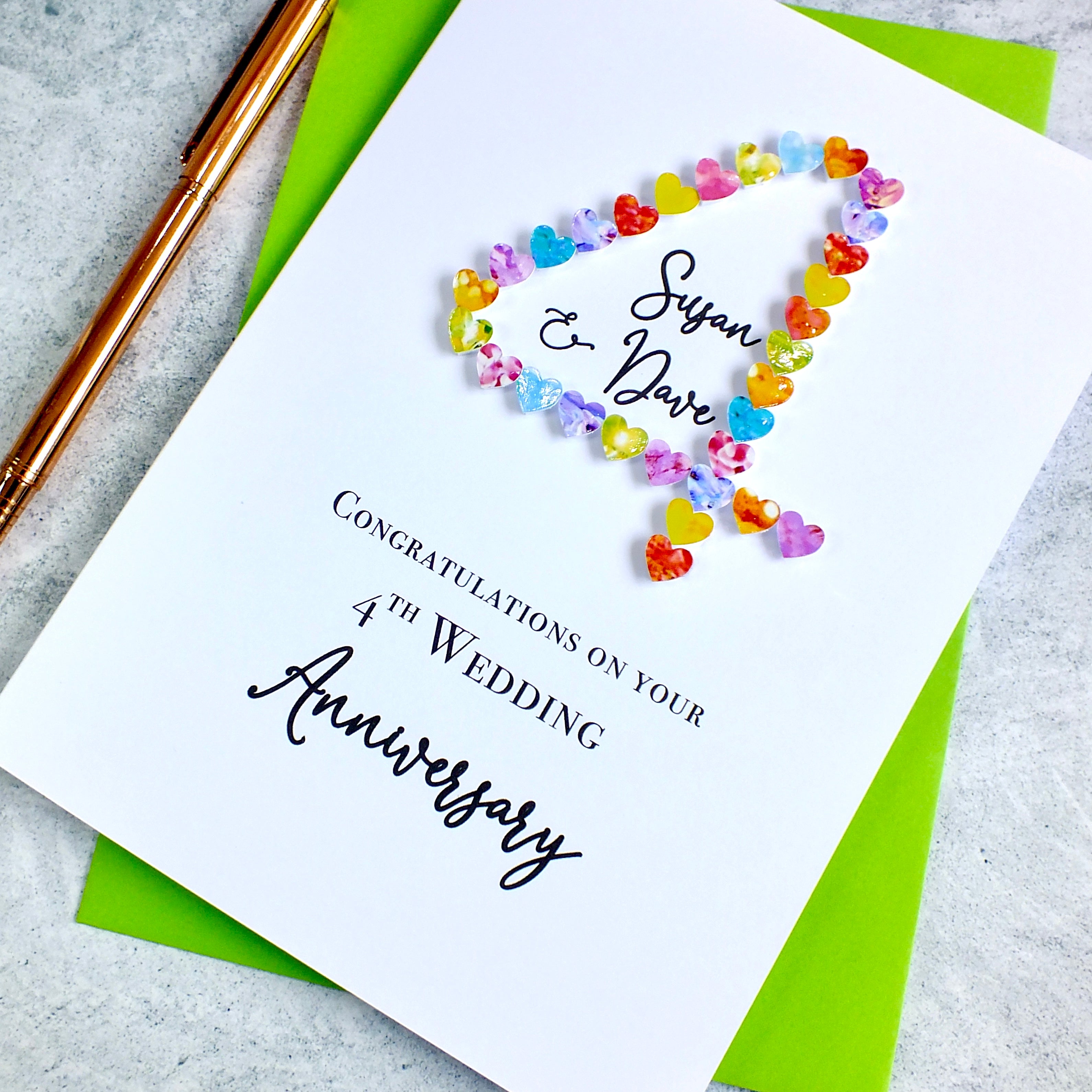 4th Wedding Anniversary Card - Hearts, Personalised