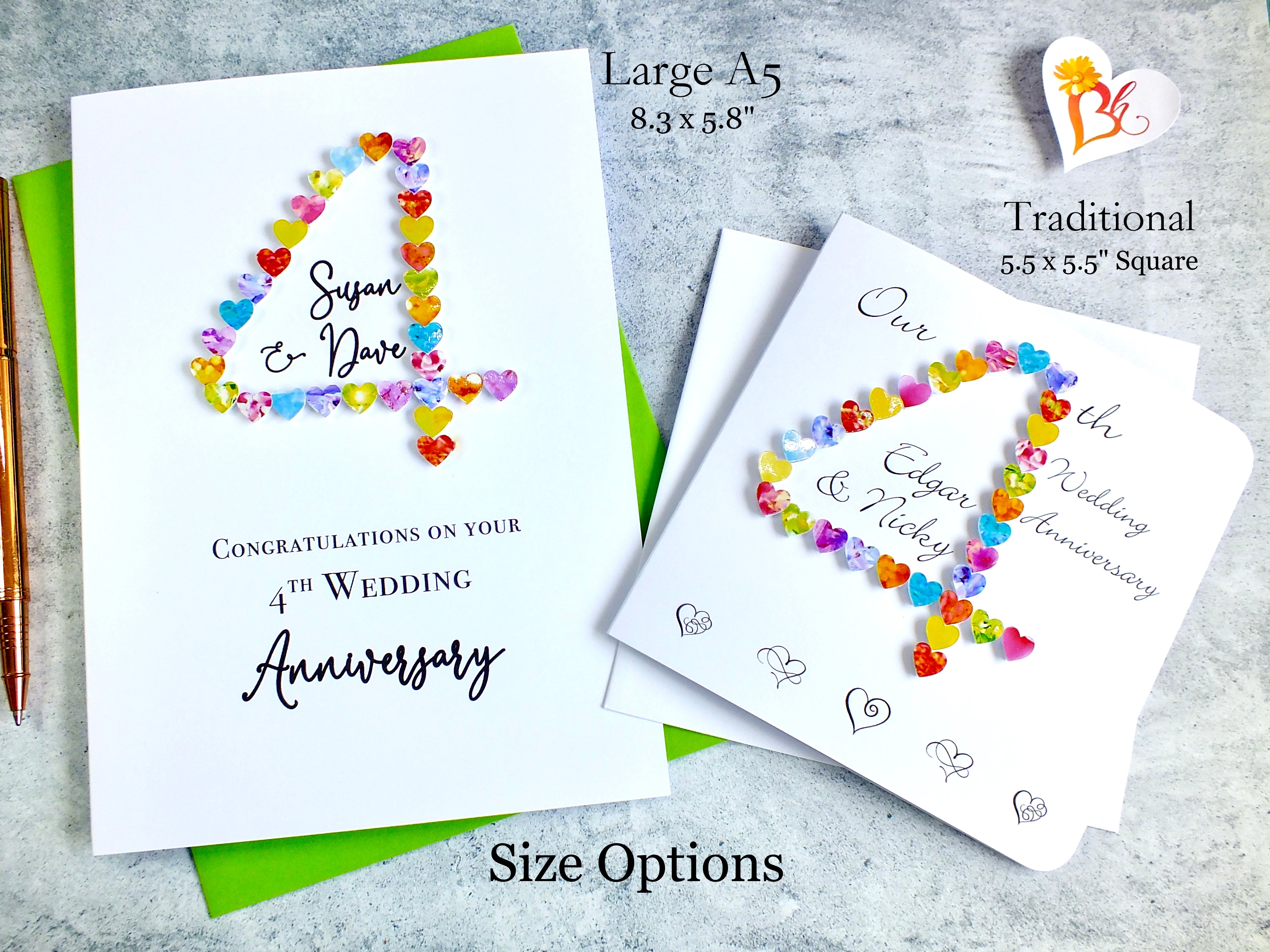 4th Wedding Anniversary Card - Hearts, Personalised