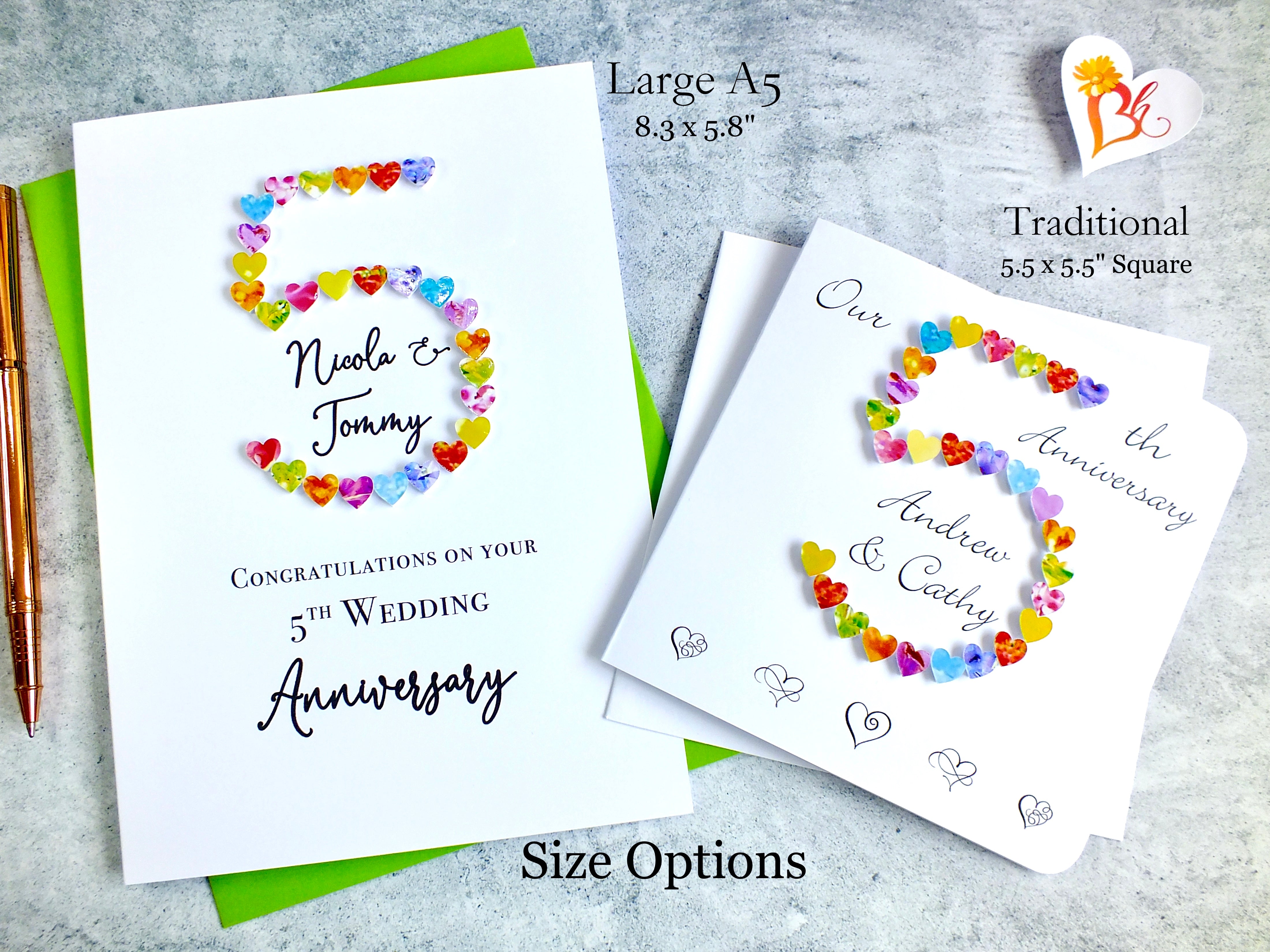 5th Wedding Anniversary Card - Hearts, Personalised