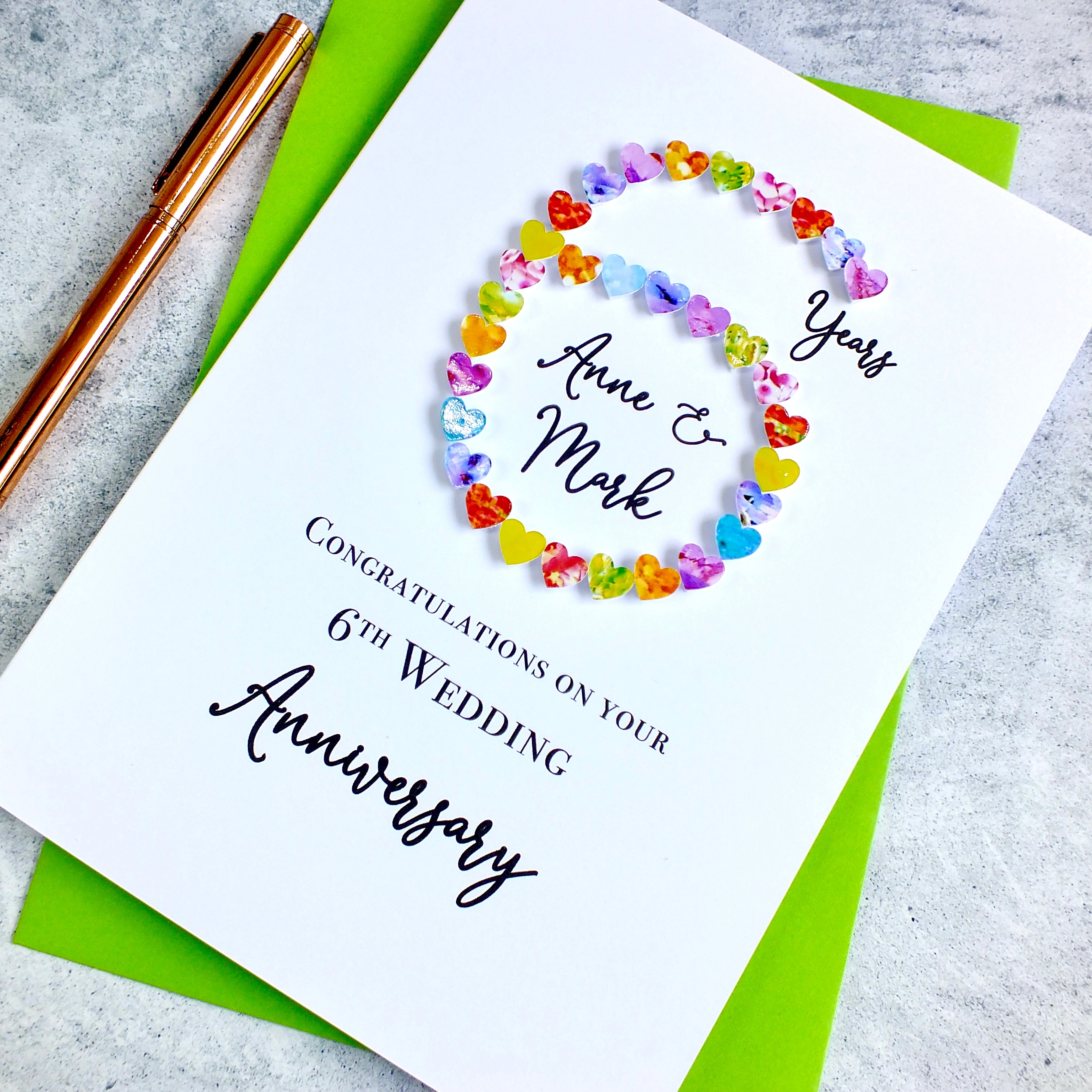 6th Wedding Anniversary Card - Hearts, Personalised