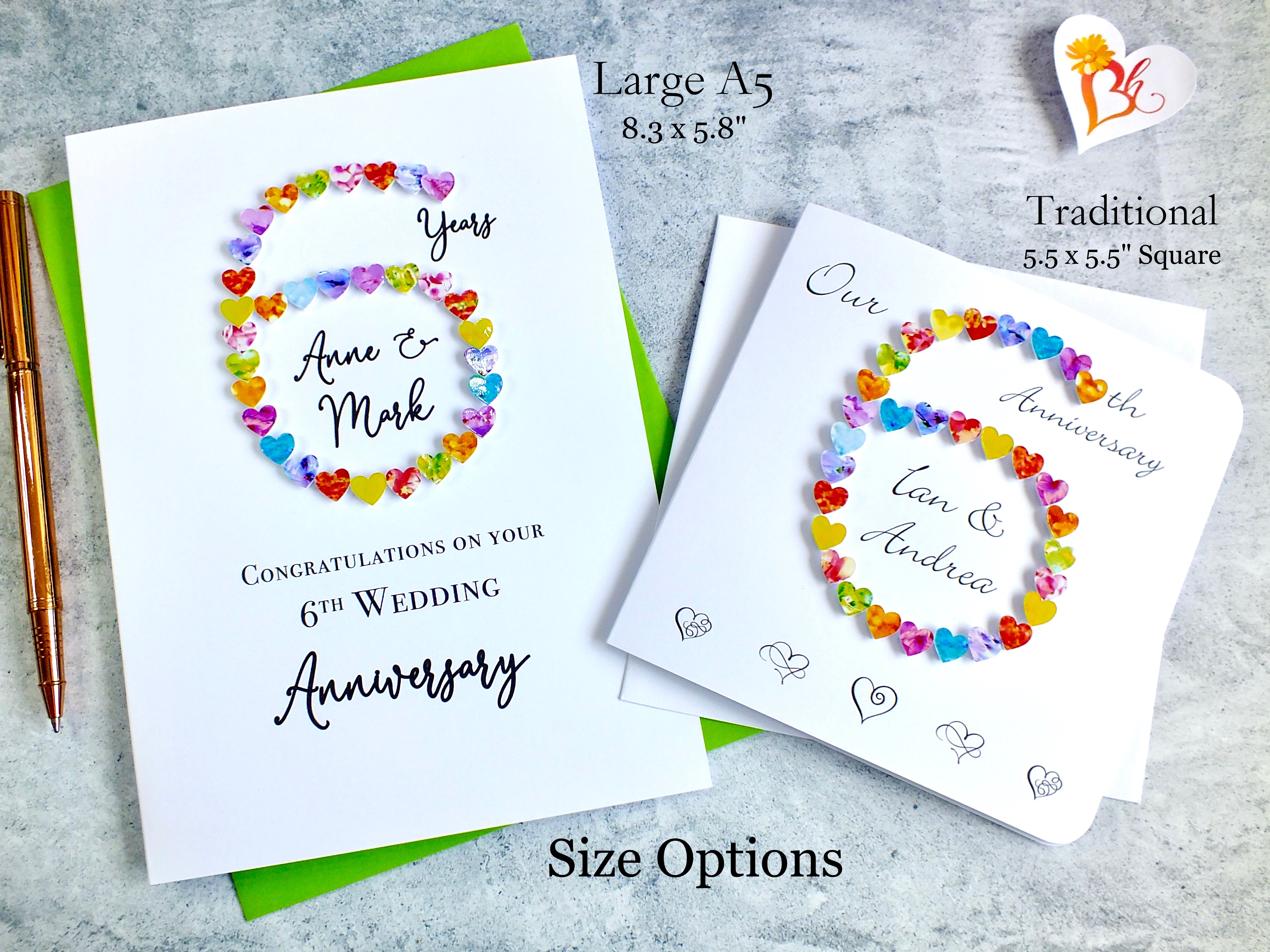 6th Wedding Anniversary Card - Hearts, Personalised