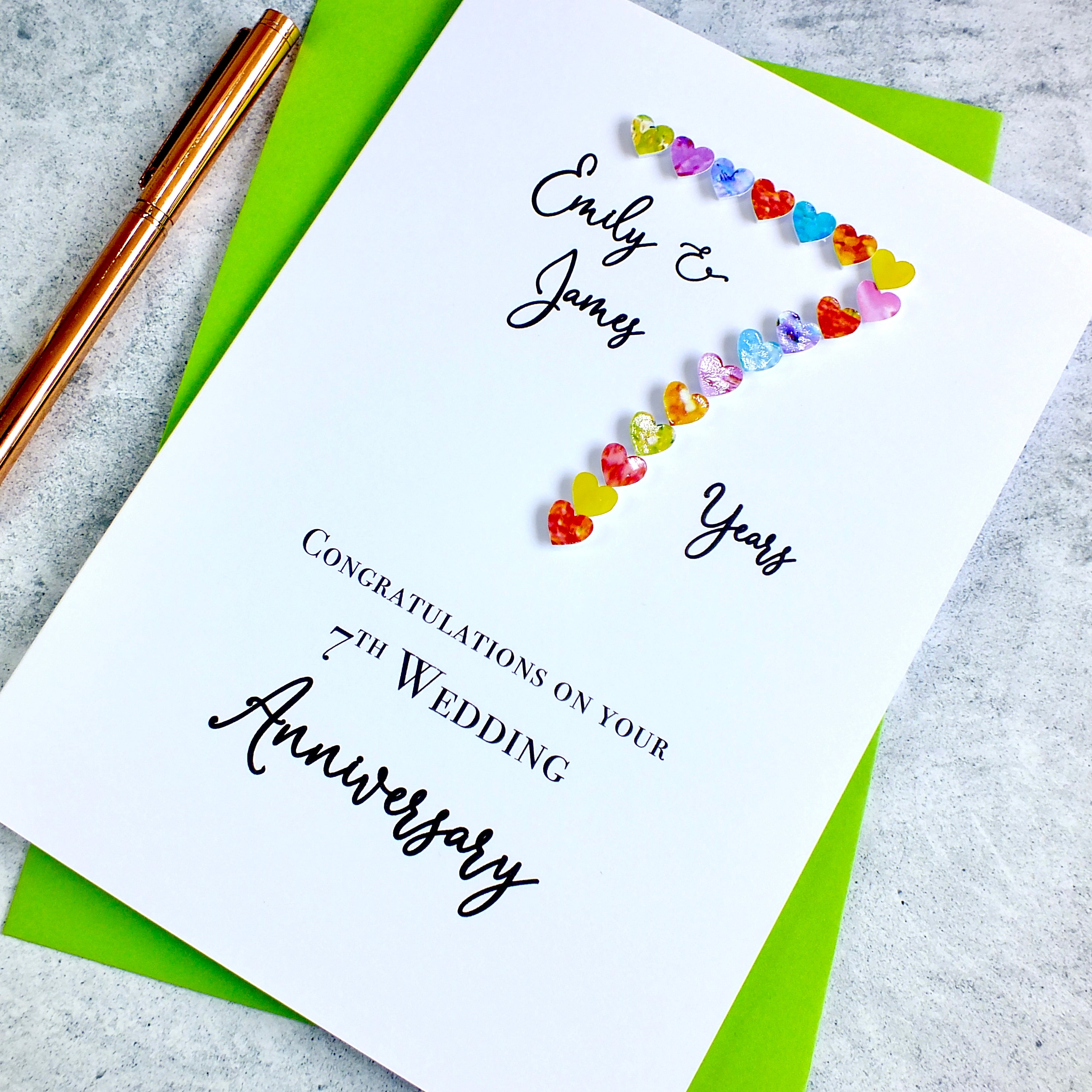 7th Wedding Anniversary Card - Hearts, Personalised