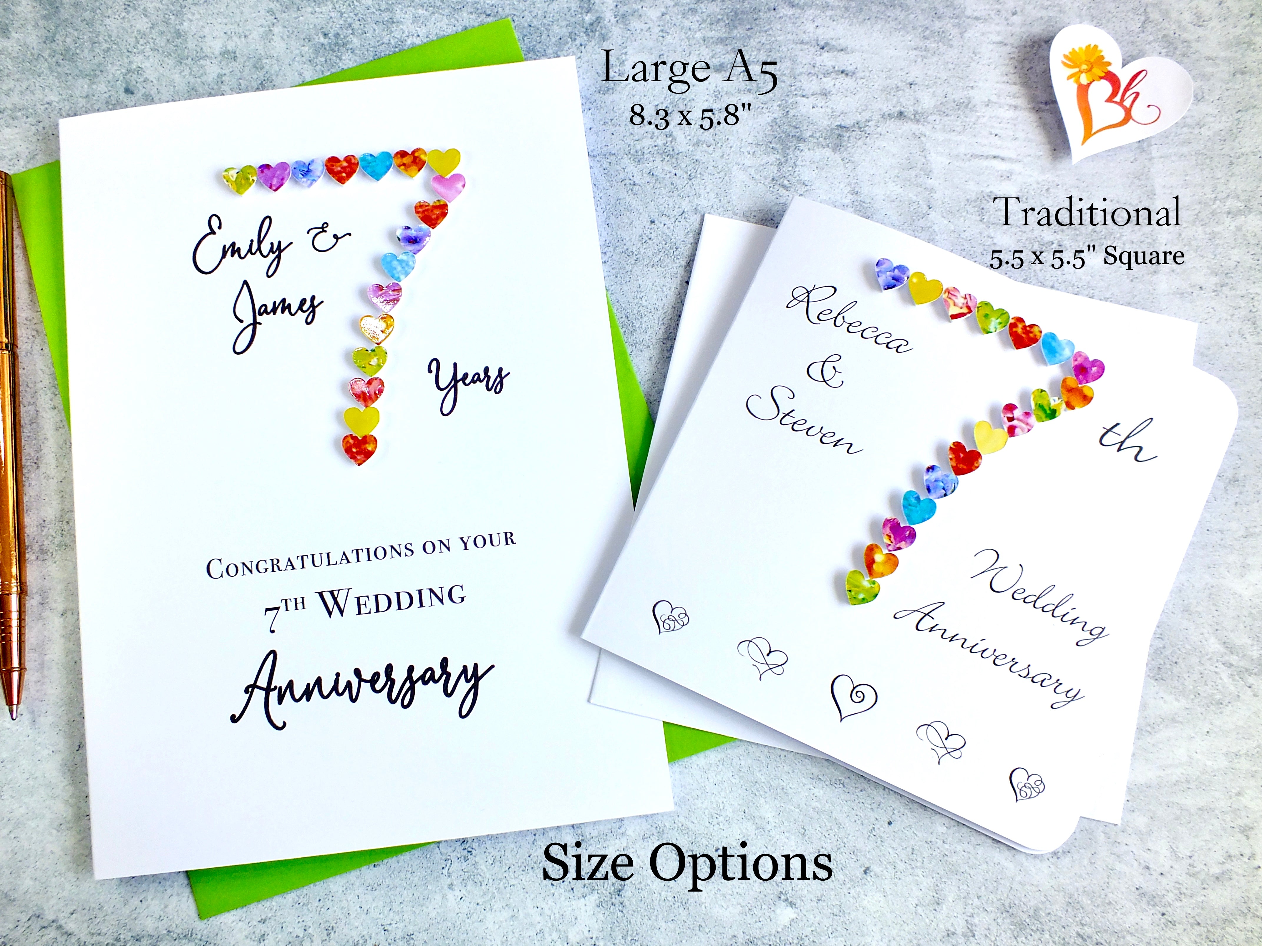 7th Wedding Anniversary Card - Hearts, Personalised