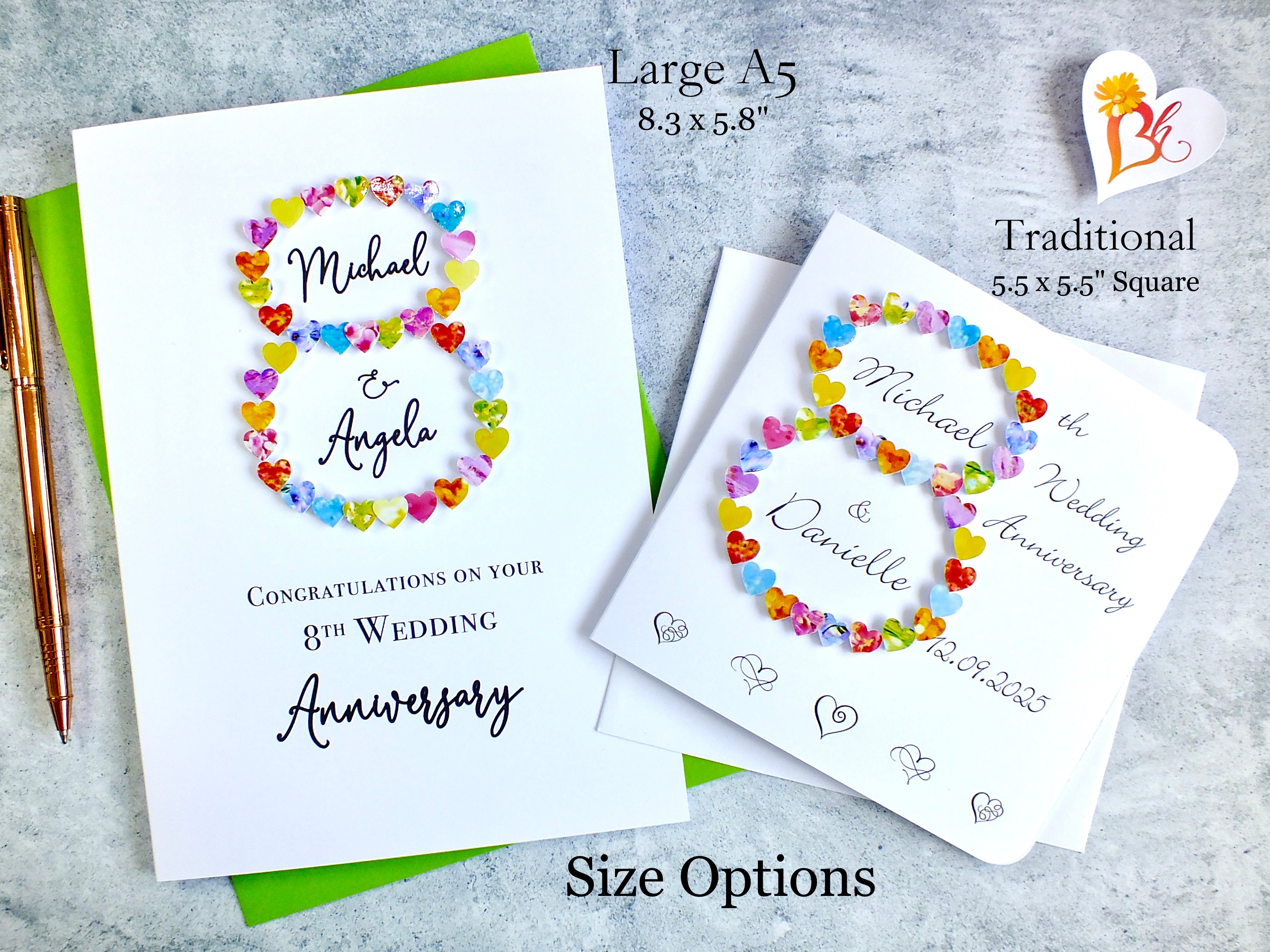 8th Wedding Anniversary Card - Hearts, Personalised