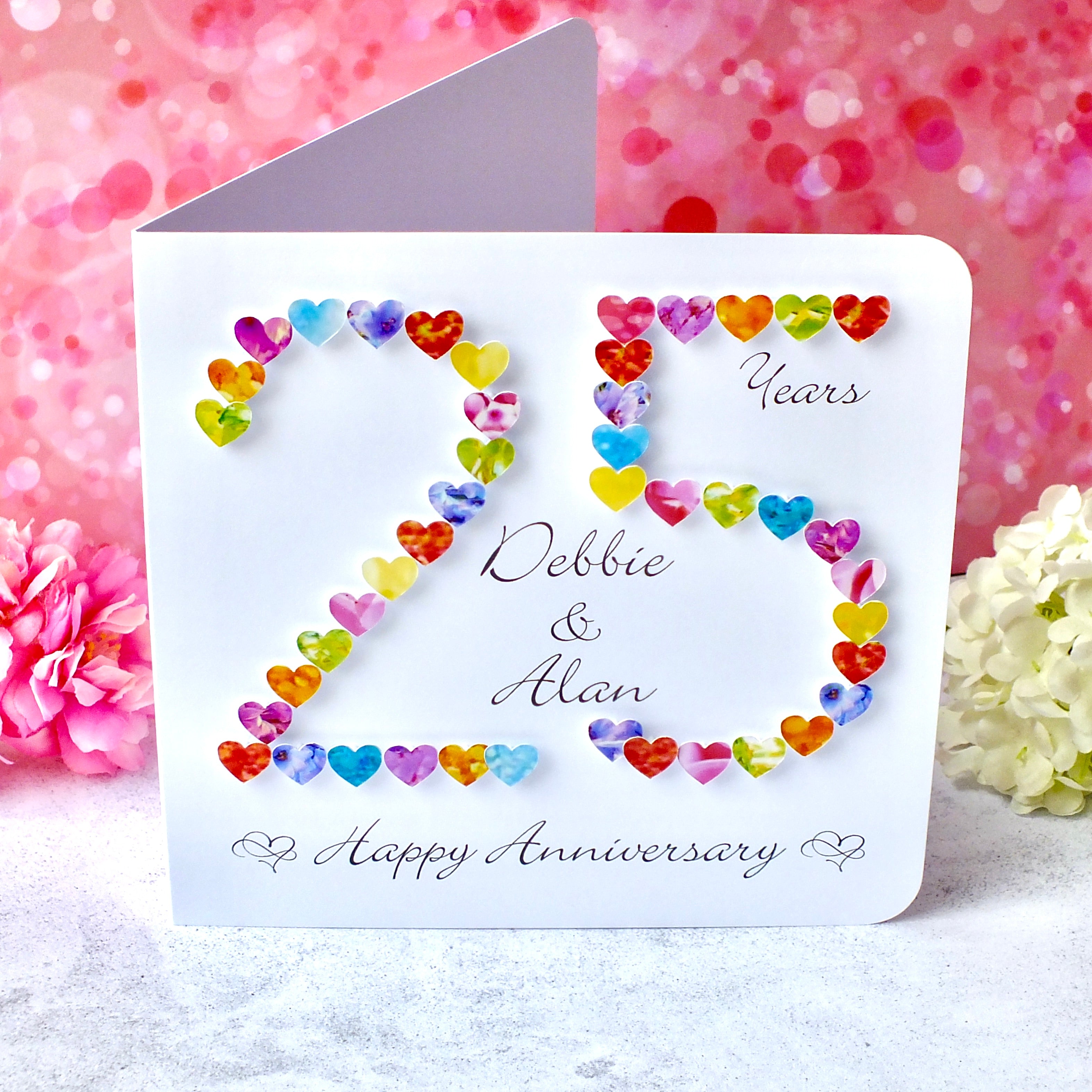 Silver 25th Wedding Anniversary Card - Hearts, Personalised