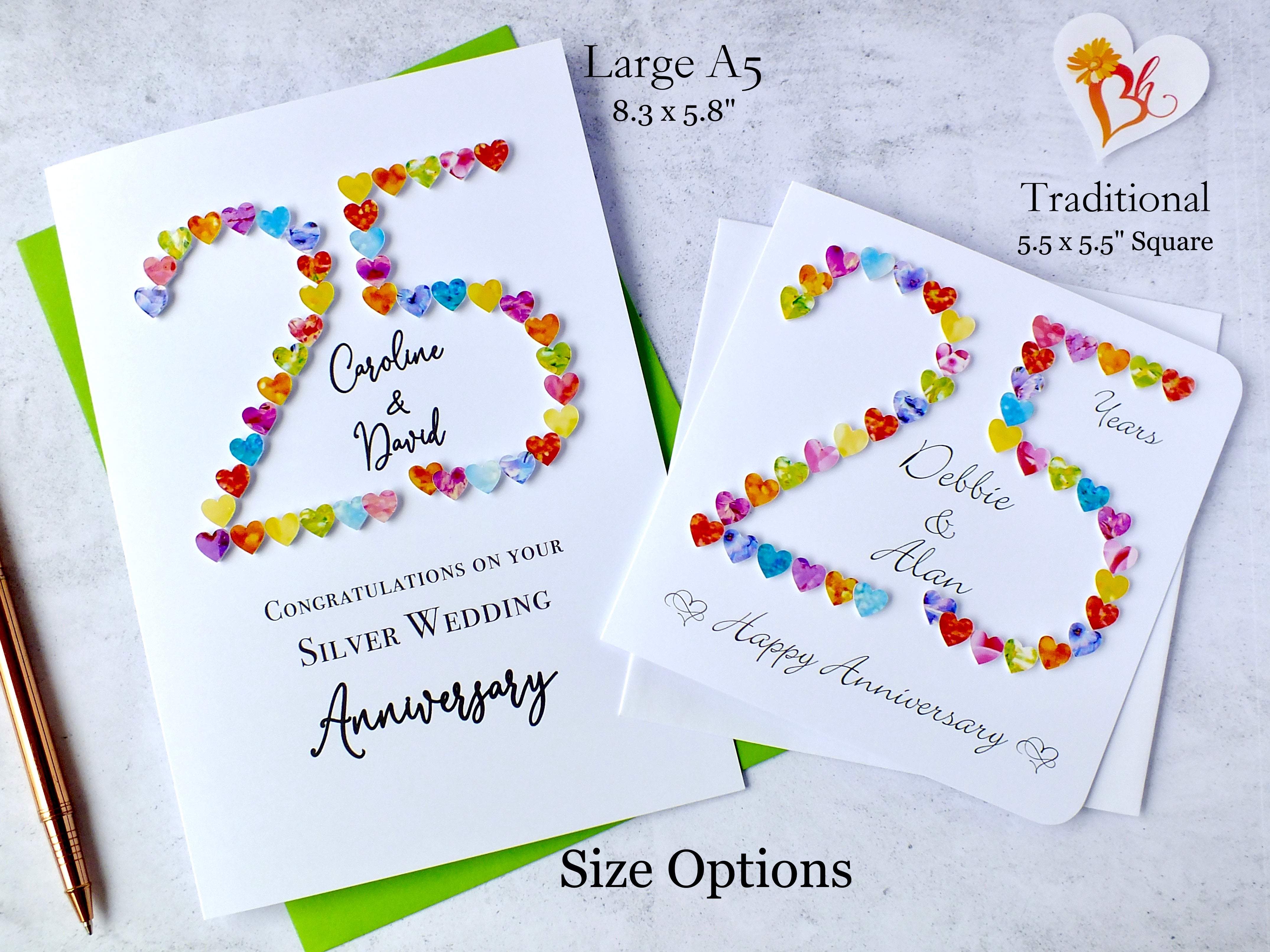 Silver 25th Wedding Anniversary Card - Hearts, Personalised