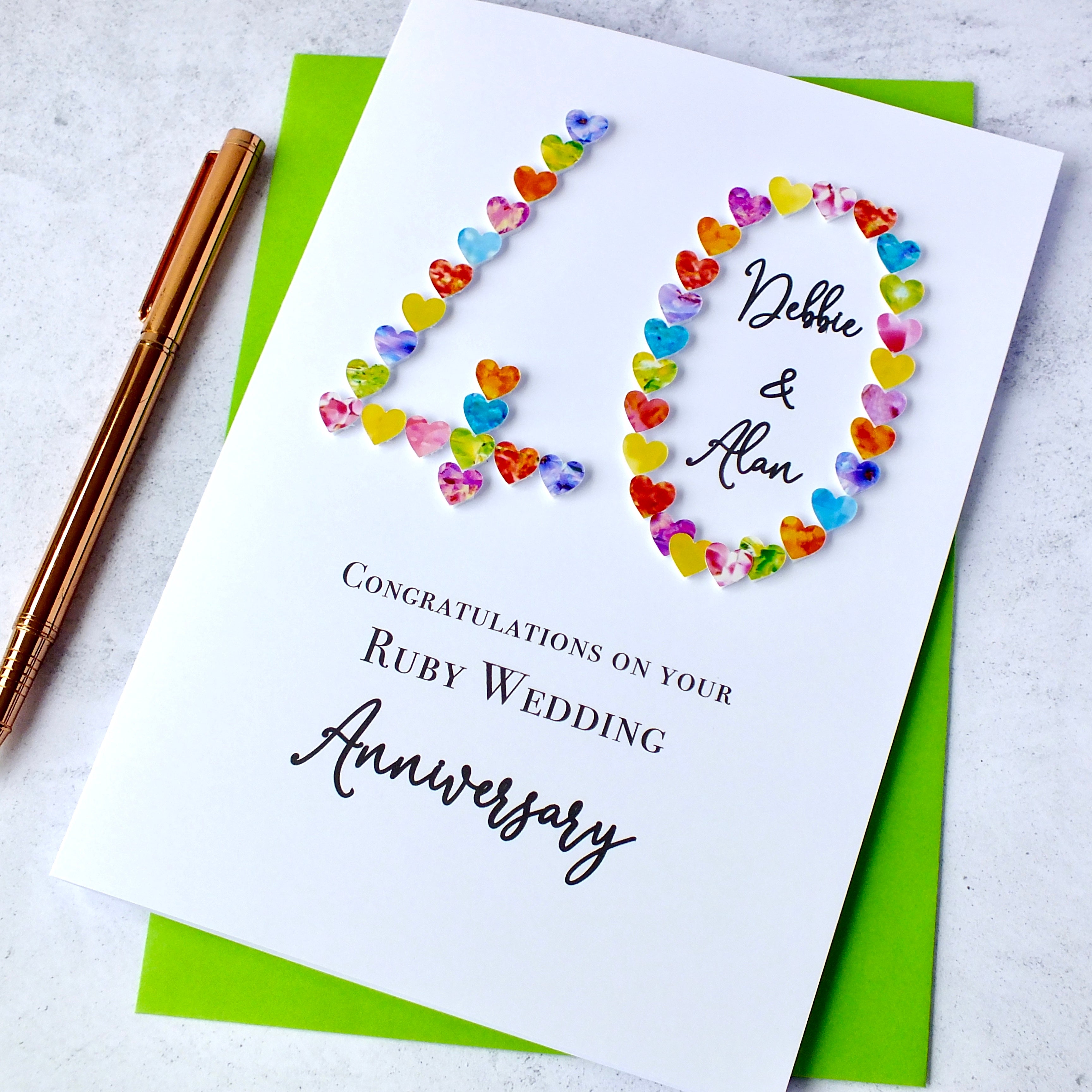 Ruby 40th Wedding Anniversary Card - Hearts, Personalised