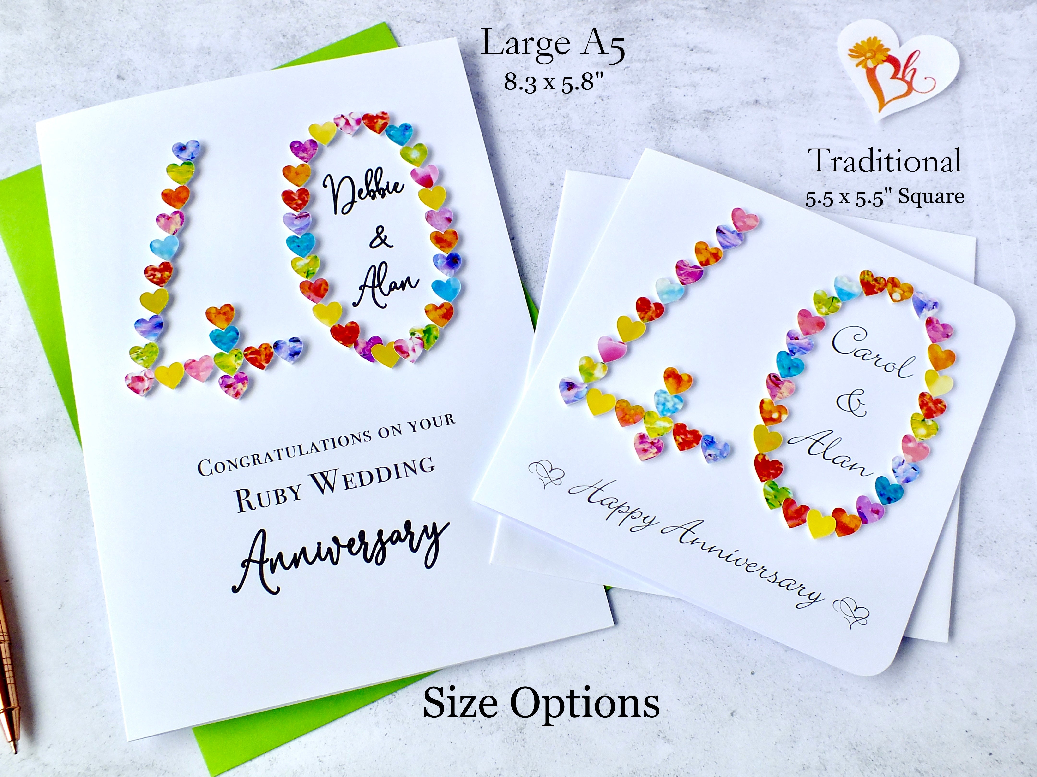 Ruby 40th Wedding Anniversary Card - Hearts, Personalised